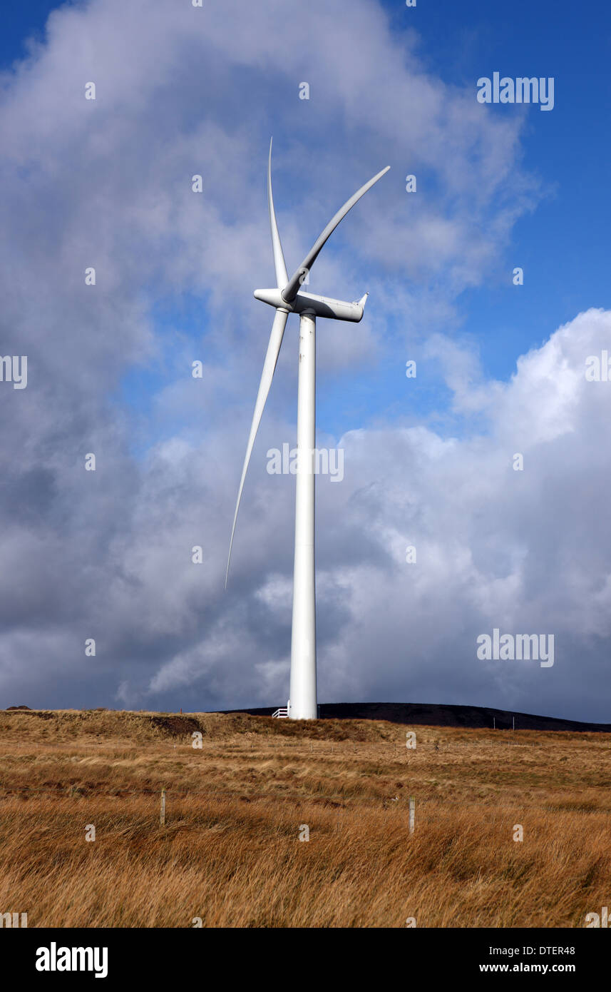 Turbina eolica che dominano lo skyline di centrali eoliche Whitelee, più grande del Regno Unito, centrali eoliche, a Fenwick Moor vicino a Glasgow Scozia Scotland Foto Stock