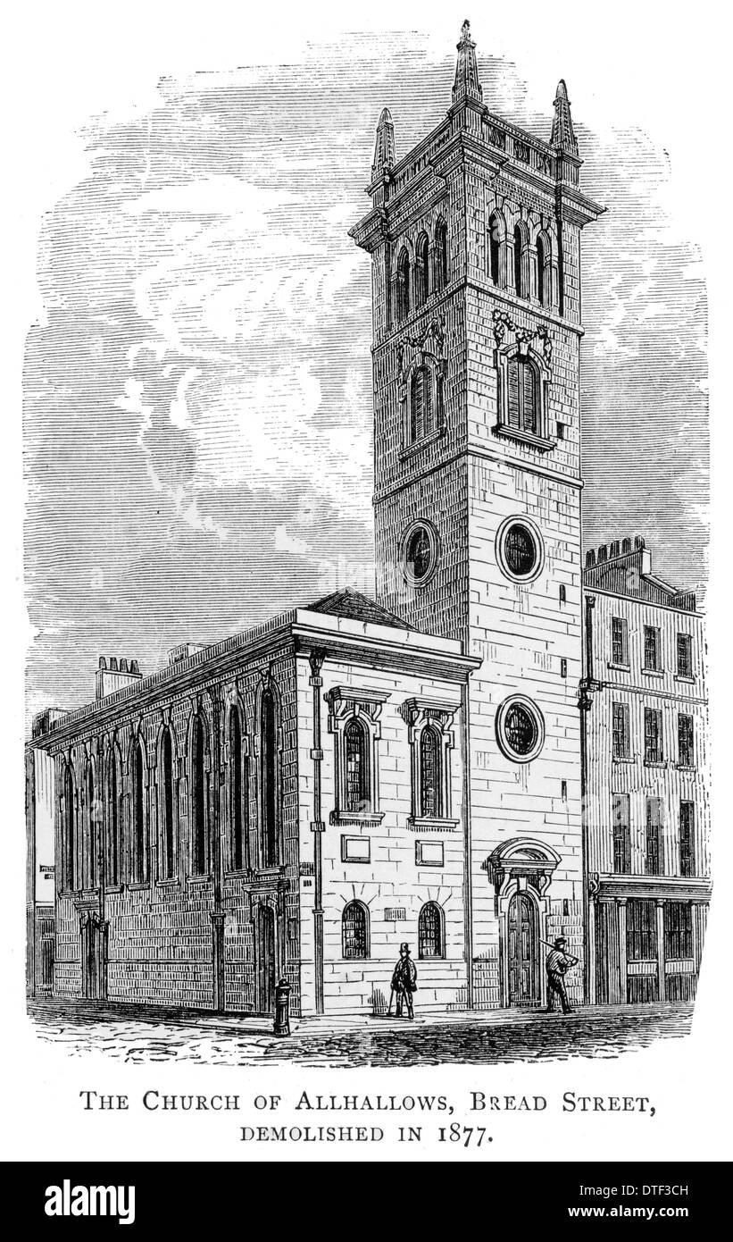La chiesa di Allhallows, Bread Street, demolita nel 1877 Foto Stock