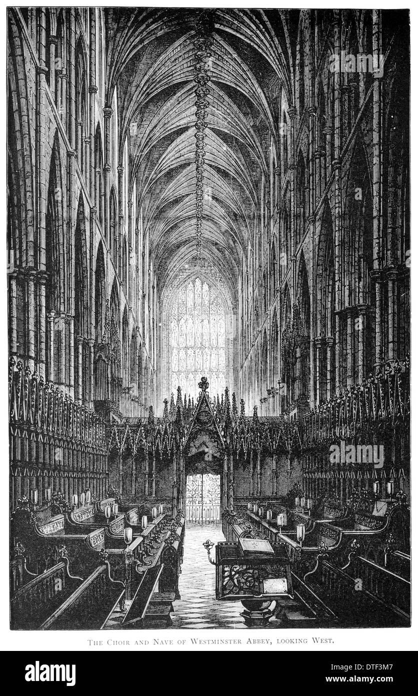 Il Coro e la navata di Westminster Abbey guardando ad ovest circa 1890 Foto Stock