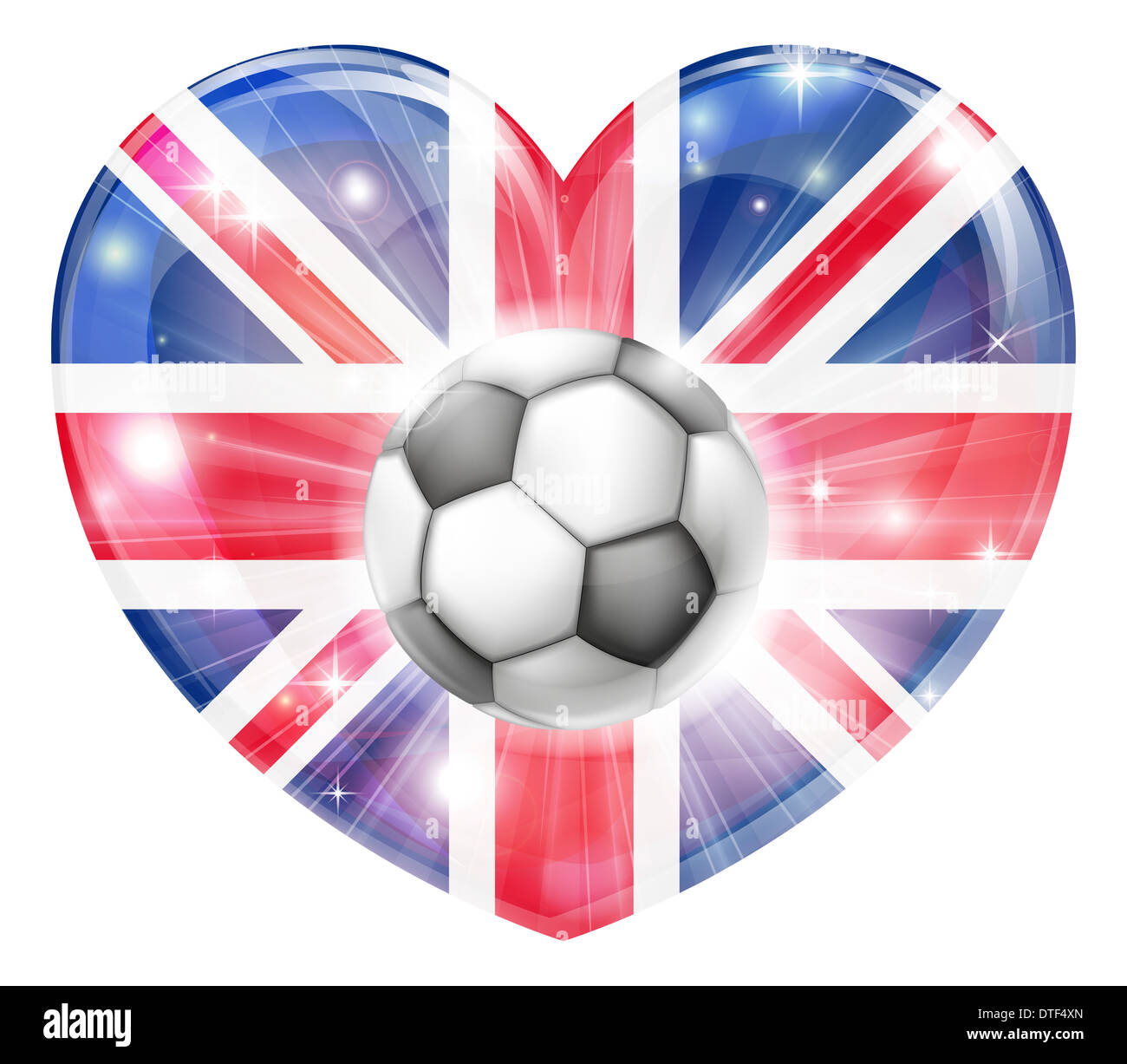 La Gran Bretagna soccer football ball bandiera amore cuore concetto con la bandiera britannica in una forma di cuore e di un pallone da calcio di volare Foto Stock