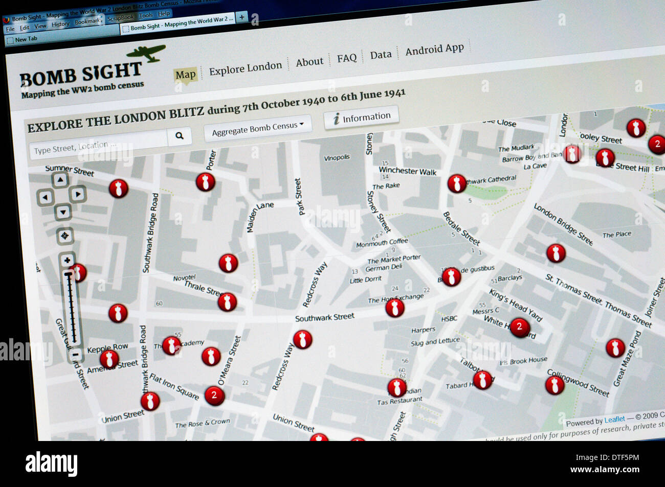 La home page della bomba vista sito web - mappatura della posizione delle bombe che cadde su Londra durante la Seconda Guerra Mondiale. Foto Stock