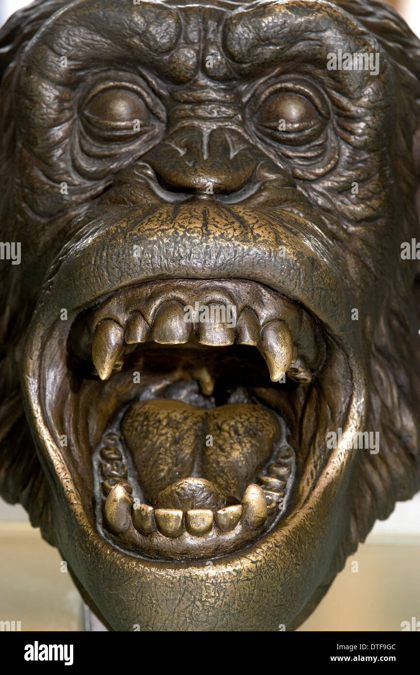 La scultura in bronzo di testa di scimpanzé Foto Stock