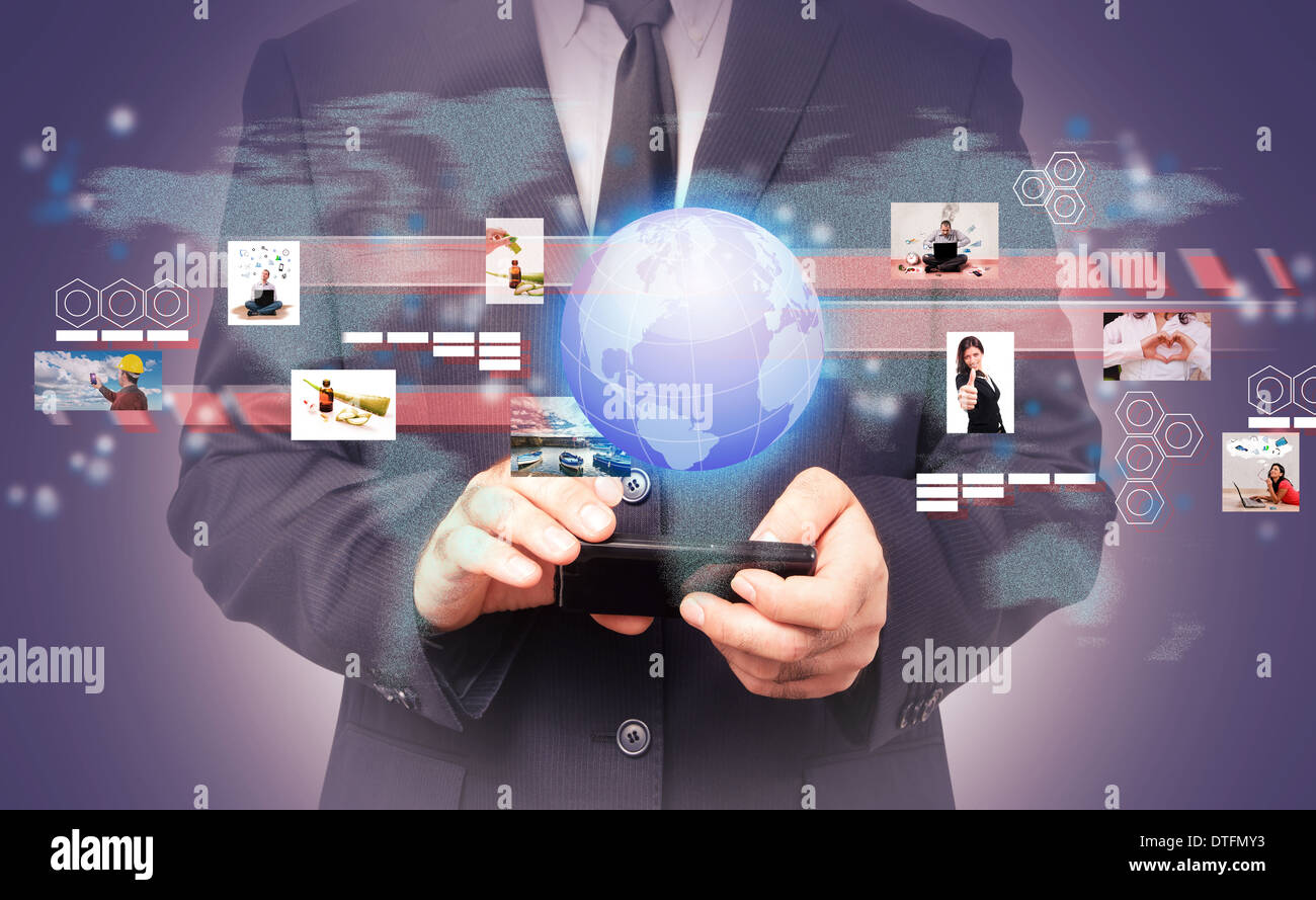 Imprenditore in un globale connessione virtuale. Concetto di global business Foto Stock