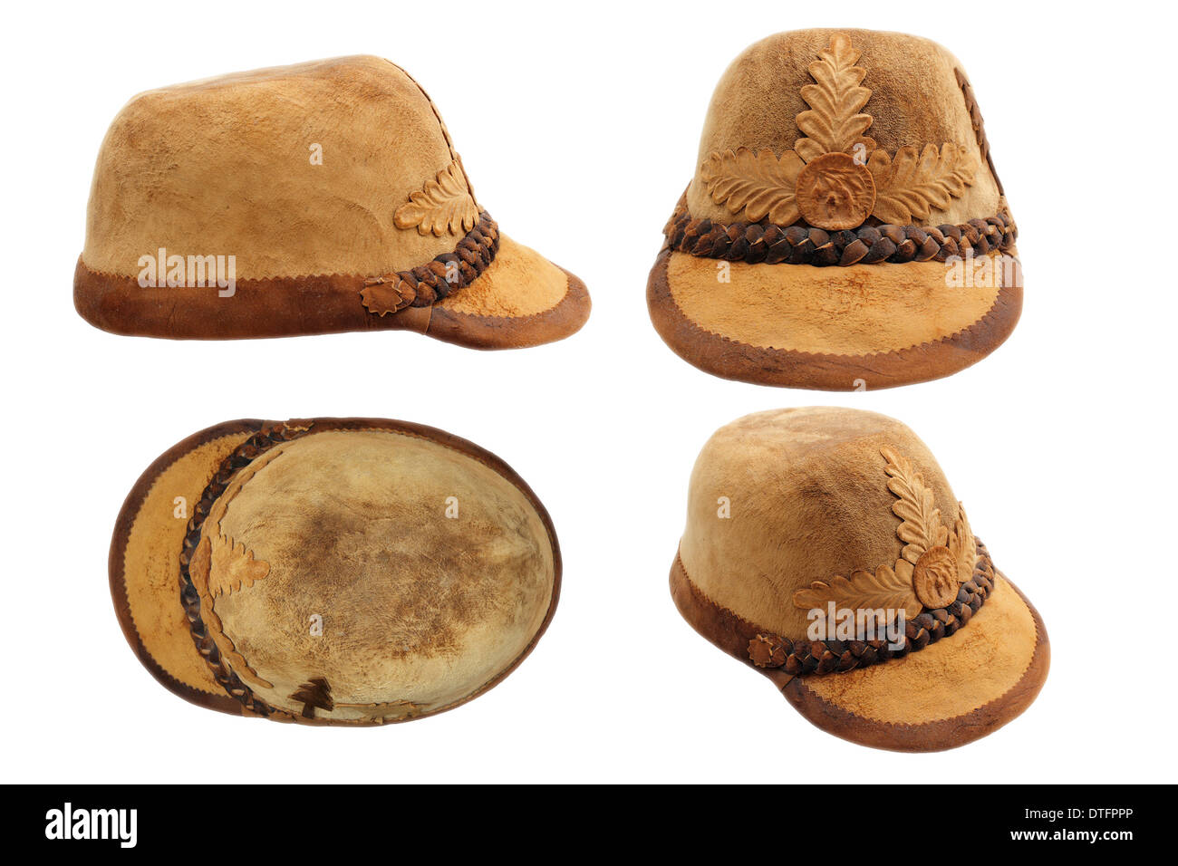 Tradizionale la caccia della Transilvania hat, realizzata dal legname raccolto dai boschi e bollite, isolamento di quattro viste su bianco Foto Stock