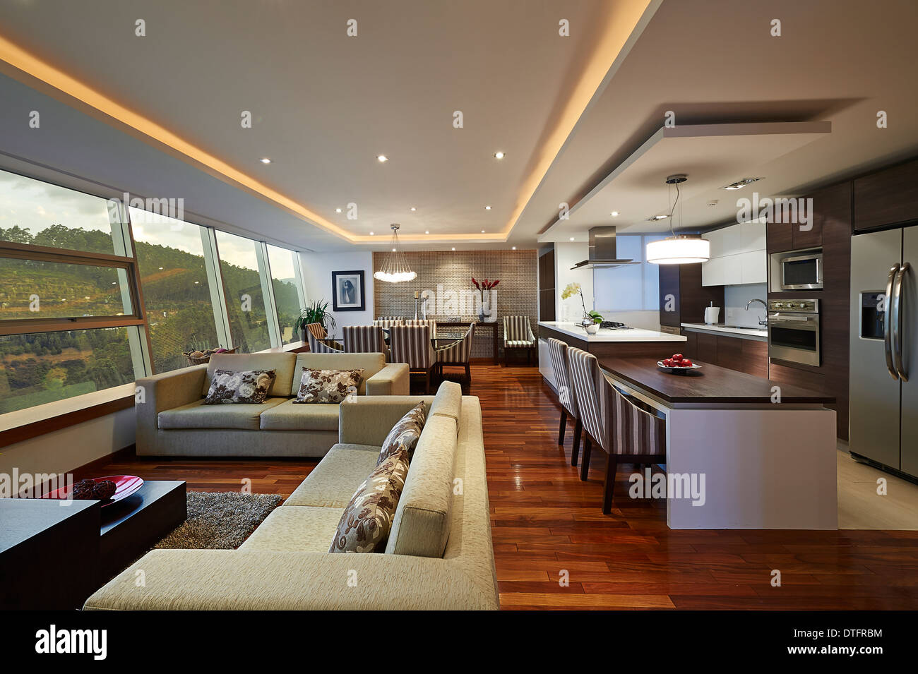 Interior design: grande soggiorno moderno e cucina Foto Stock