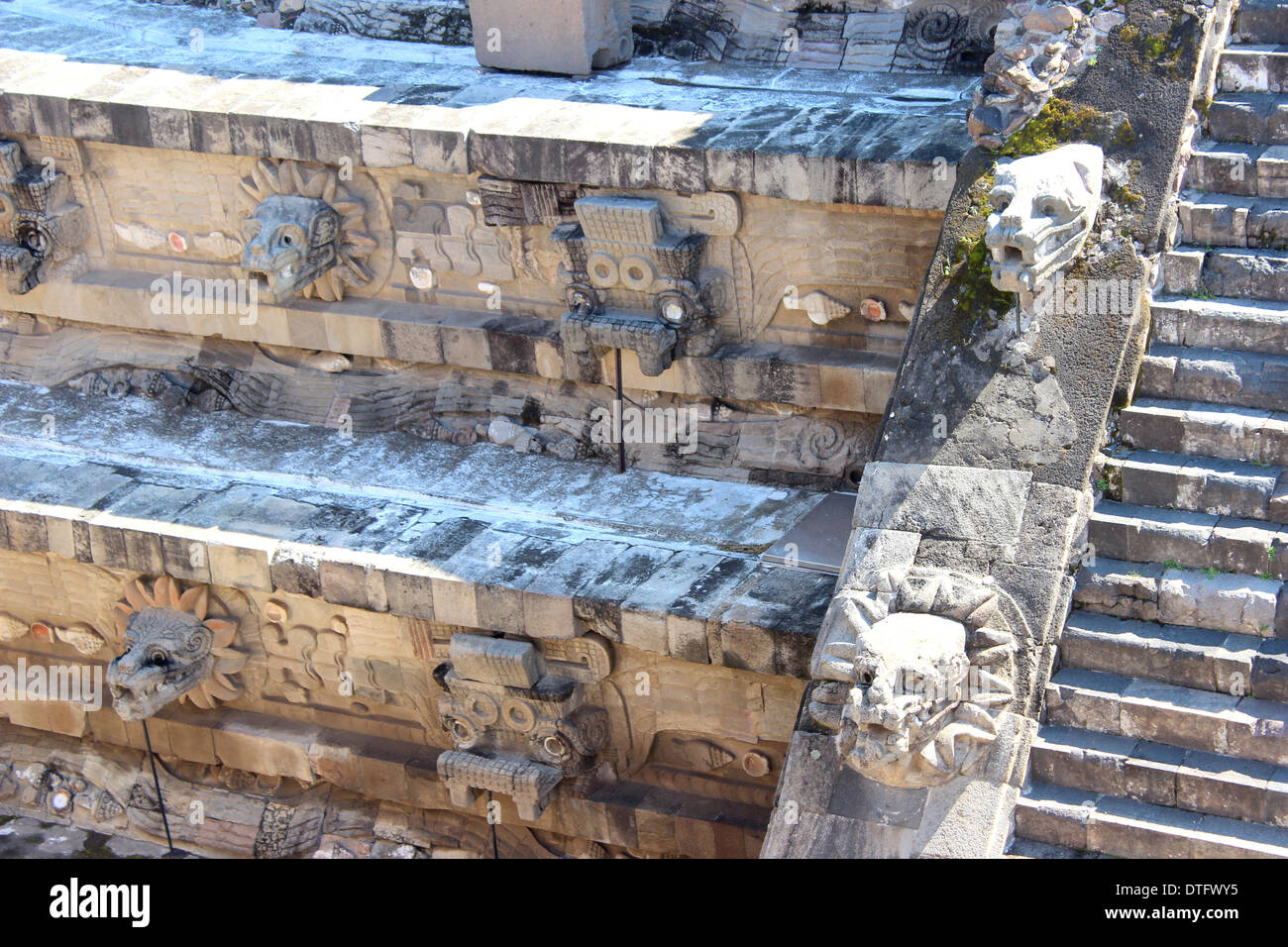 Teste di animali sul serpente piumato tempio, Piramidi di Teotihuacan, Messico Foto Stock