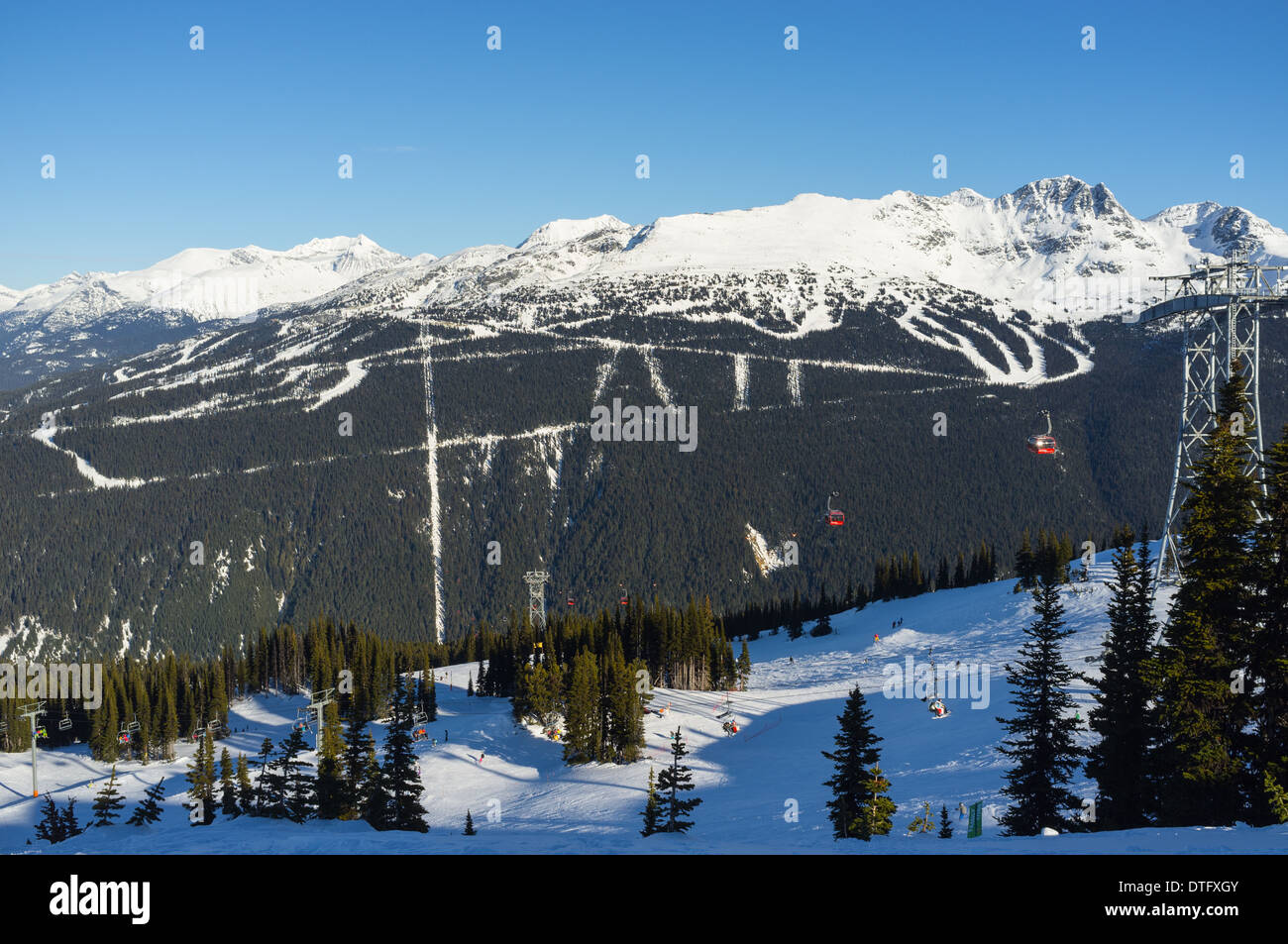 Vista da a Whistler Blackcomb mountain in Canada con funivie Foto Stock