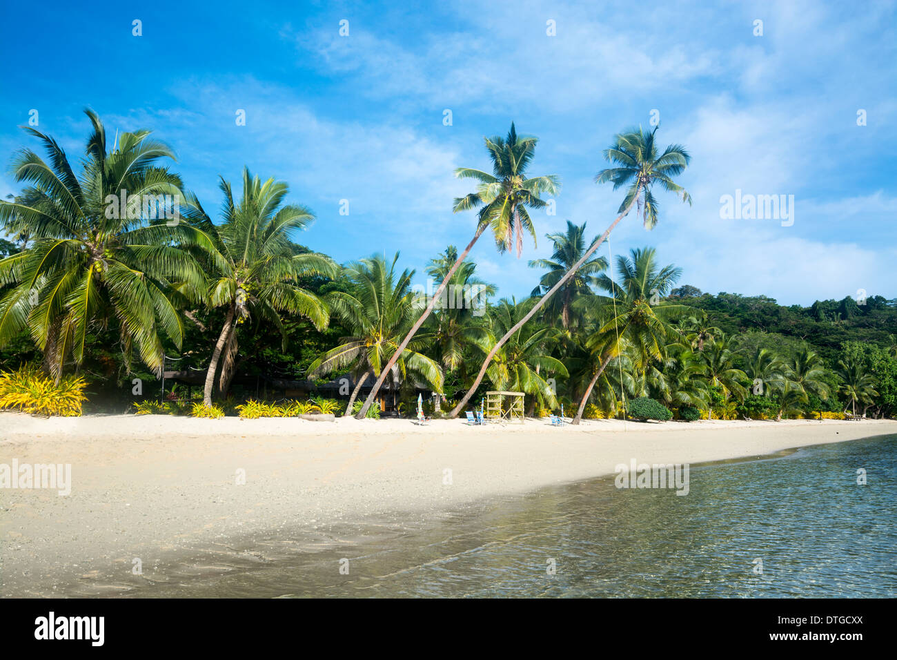 Una vacanza tropicale resort spiaggia fiancheggiato da lussureggianti palme e la sabbia bianca è ideale per vacanze in famiglia. Foto Stock