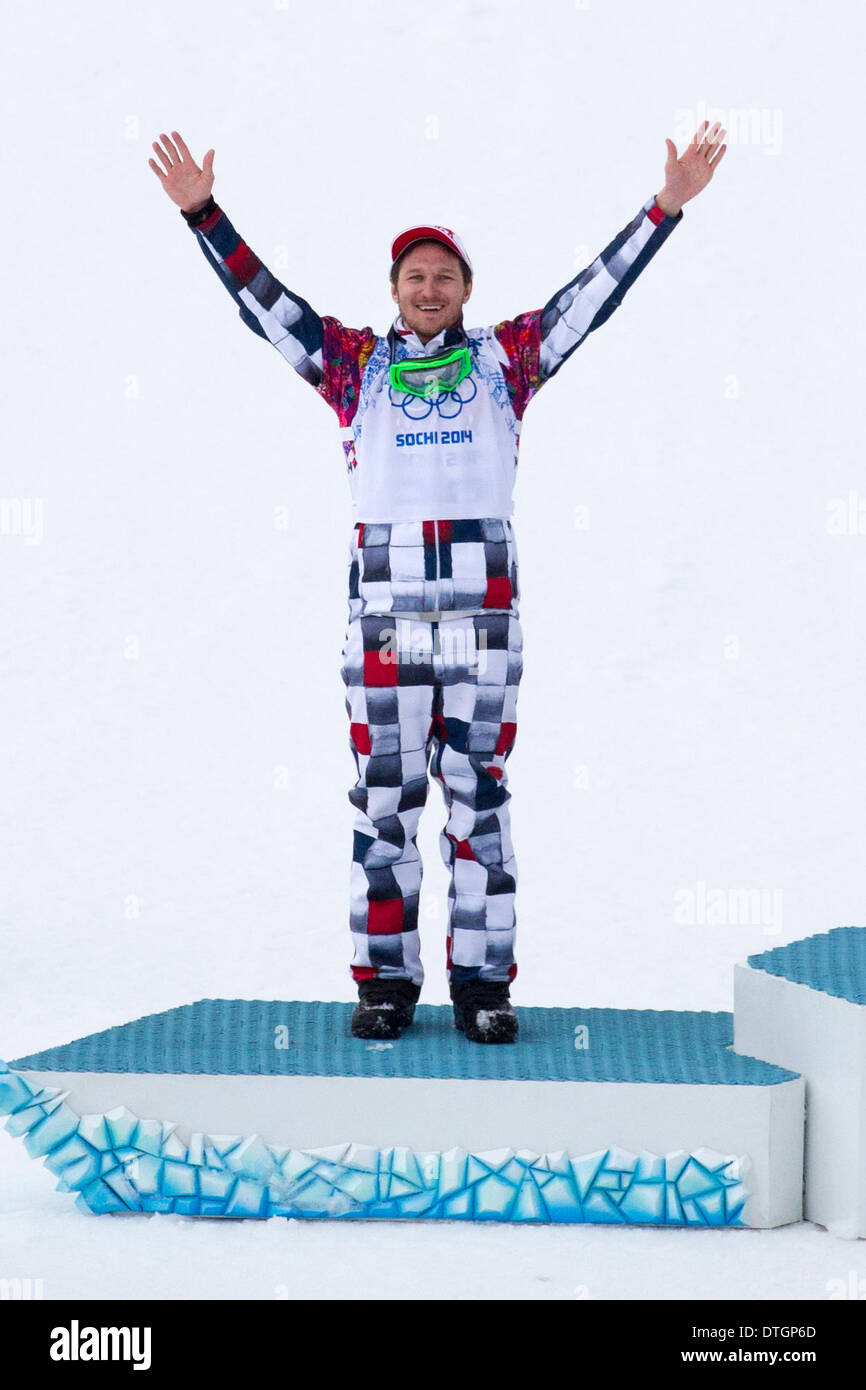 Sochi, Russia. 18 Febbraio, 2014. Nikolay Olyunin della Rus argento, a 2014 Olimpiadi invernali Mens Snowboard Cross finale, Rosa Khutor Extreme Park, Sochi, Russia. Credito: Azione Sport Plus/Alamy Live News Foto Stock