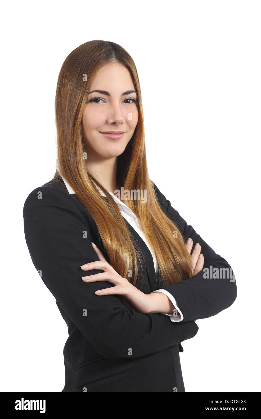 Fiducioso bella donna d'affari in posa con bracci ripiegati isolato su uno sfondo bianco Foto Stock