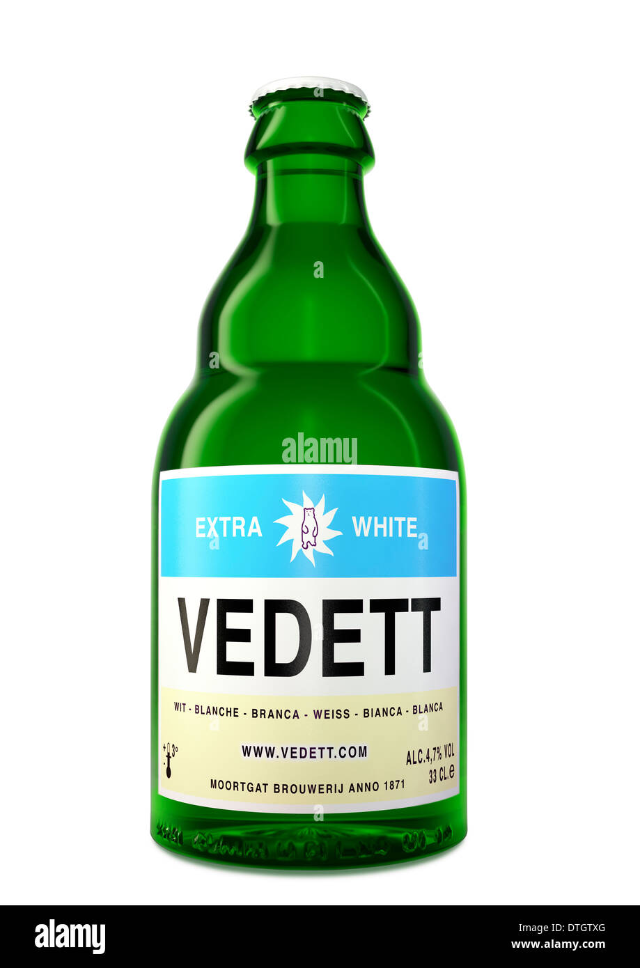 Bottiglia Vedett Extra White Beer su sfondo bianco - ritaglio Foto Stock