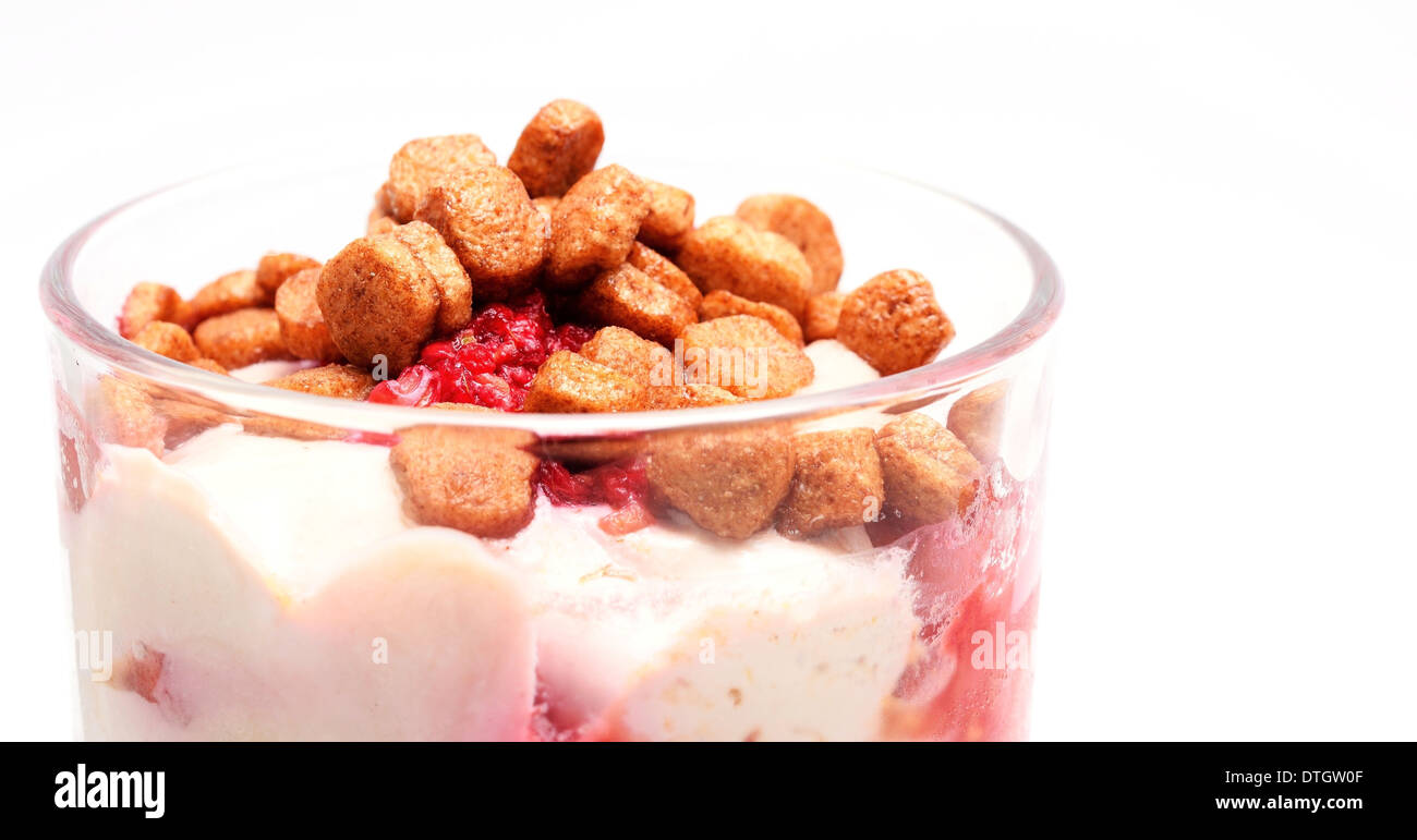 Ricotta dolce con lamponi e piccoli crunchies. Foto Stock