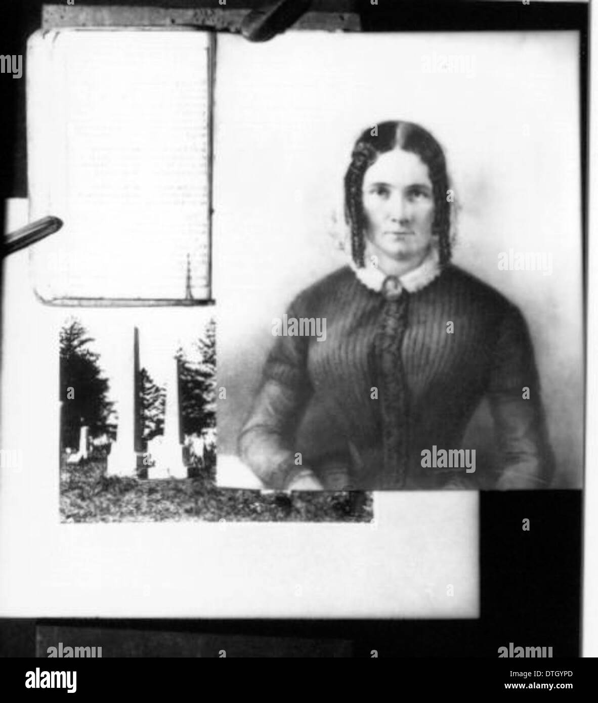 Questa fotografia composita combina vari elementi storici, tra cui un ritratto, un libro e monumenti cimiteriali. Fornisce una rappresentazione visiva della cultura commemorativa e delle figure storiche associate alla Miami University. Foto Stock