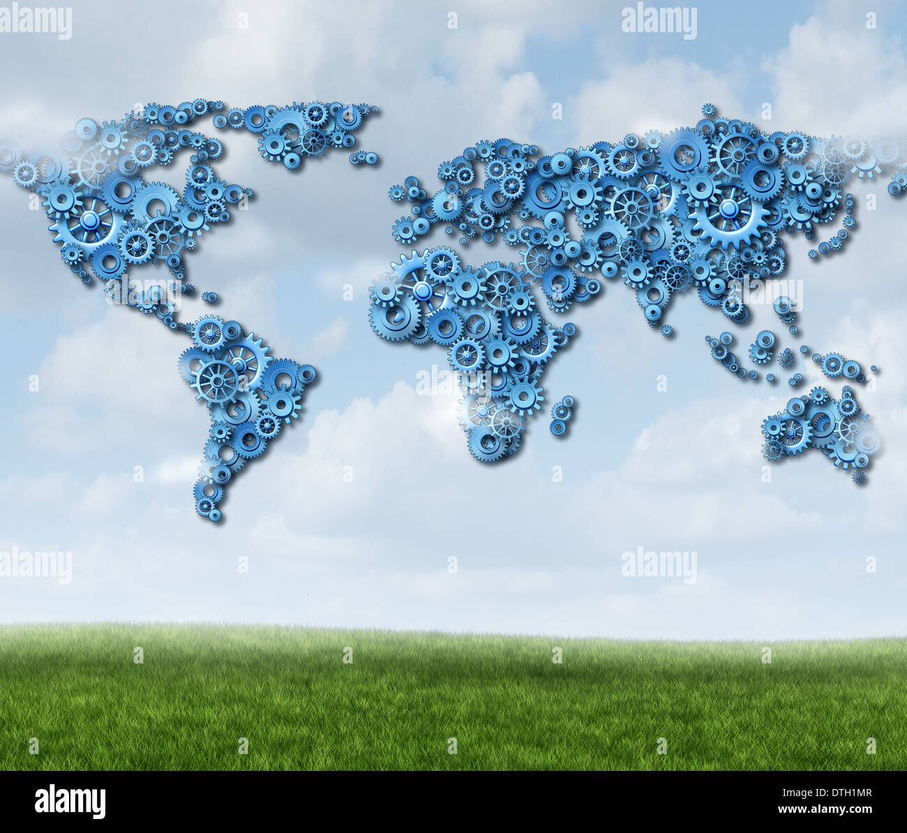 Cloud globale technology business concetto con un gruppo di ingranaggi e pignoni in una rete sagomata come una mappa del mondo come un simbolo di dati wireless server di tecnologie di storage e di internet a livello mondiale. Foto Stock