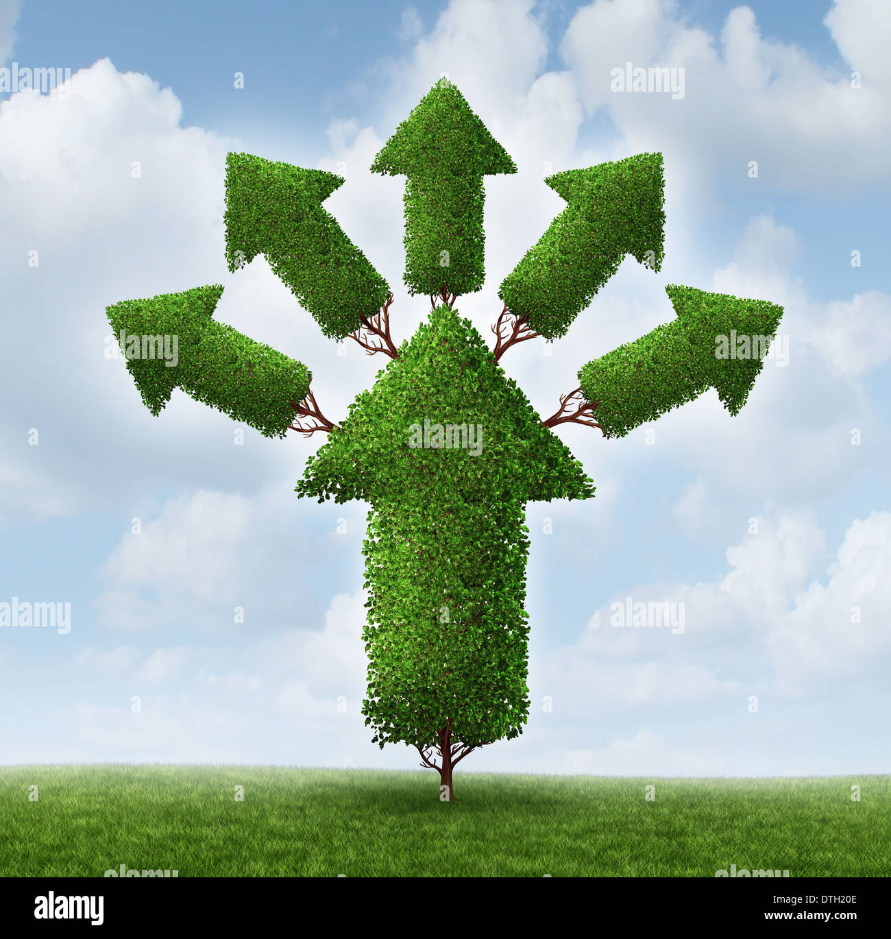 Il successo di espansione il concetto di business come un albero a forma di una freccia verso l'alto con steli di piante che si diramano e crescente frecce più piccole come una metafora per un aumento dei profitti e il potenziale futuro sano. Foto Stock