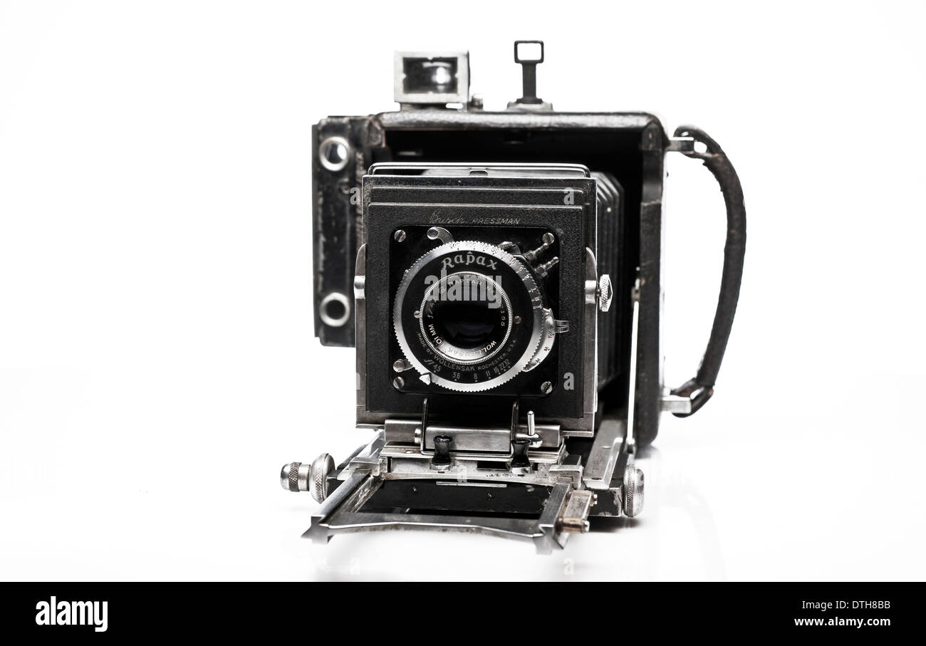 Vintage Busch Pressman grandi film formato premere fotografo fotocamera, vista frontale dettaglio Foto Stock