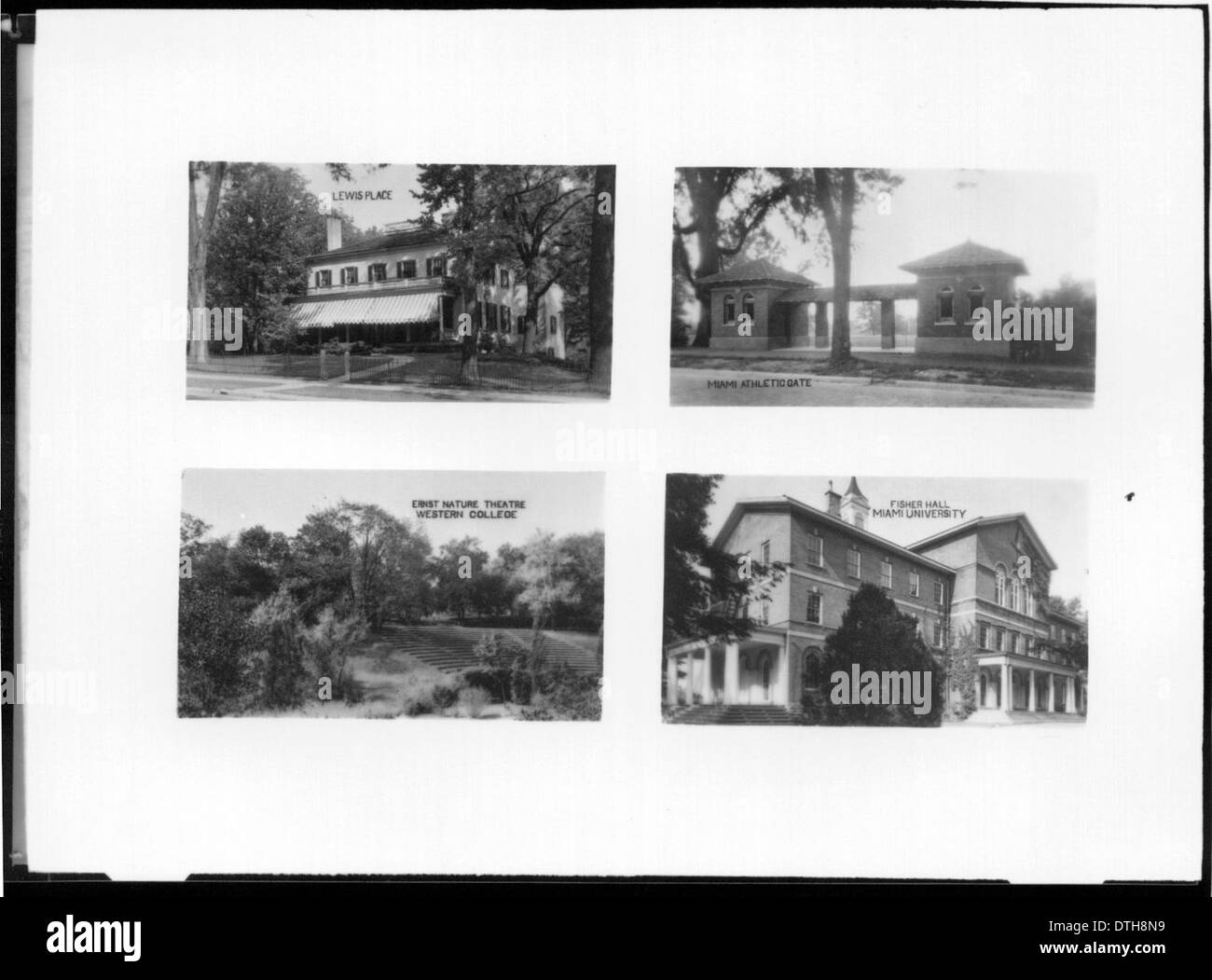 Questa fotografia composita presenta luoghi chiave della Miami University, tra cui Lewis Place, Miami Field Gates, Fisher Hall e Ernst Amphitheatre. Questi punti di riferimento architettonici riflettono il significato storico ed educativo dell'università, che si trova a Oxford, Ohio, ed è nota per il suo impegno per l'educazione femminile e l'eccellenza accademica. Foto Stock