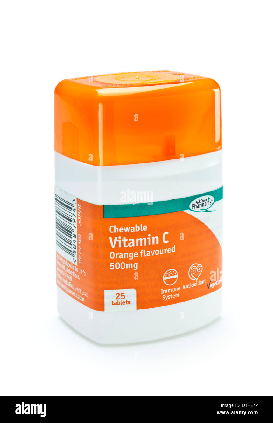 Masticabile Compresse di vitamina C in una bottiglia su sfondo bianco Foto Stock