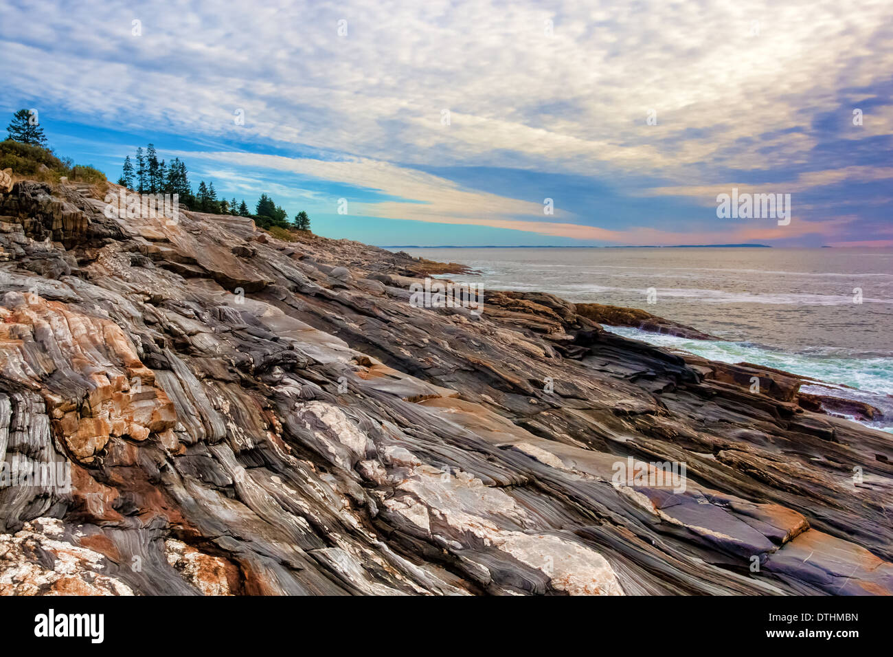 Vista la grande roccia battute a Pemaquid Point, Maine con l'oceano sullo sfondo e alberi lontani. Foto Stock