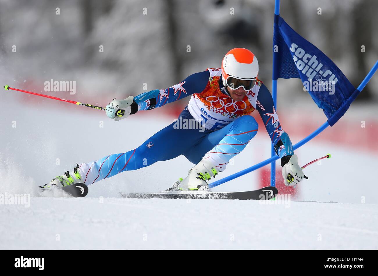 Krasnaya Polyana, Russia. 19 feb 2014. Bode Miller DI STATI UNITI D'AMERICA compete in Slalom Gigante maschile eseguire 1 dello sci alpino evento in Rosa Khutor Alpine Center a Sochi 2014 Giochi Olimpici, Krasnaya Polyana, Russia, 19 febbraio 2014 Credit: © dpa picture alliance/Alamy Live News Foto Stock