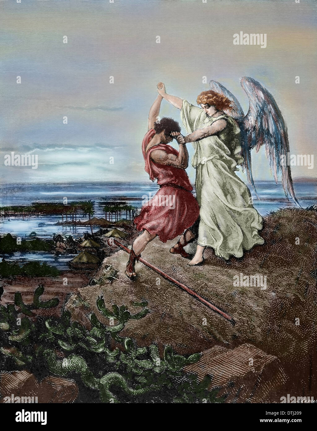 Giacobbe lotta con l'Angelo. Incisione di Laplante ha. La Bibbia in immagini da Gustave Dore. Xix secolo. Colorati. Foto Stock