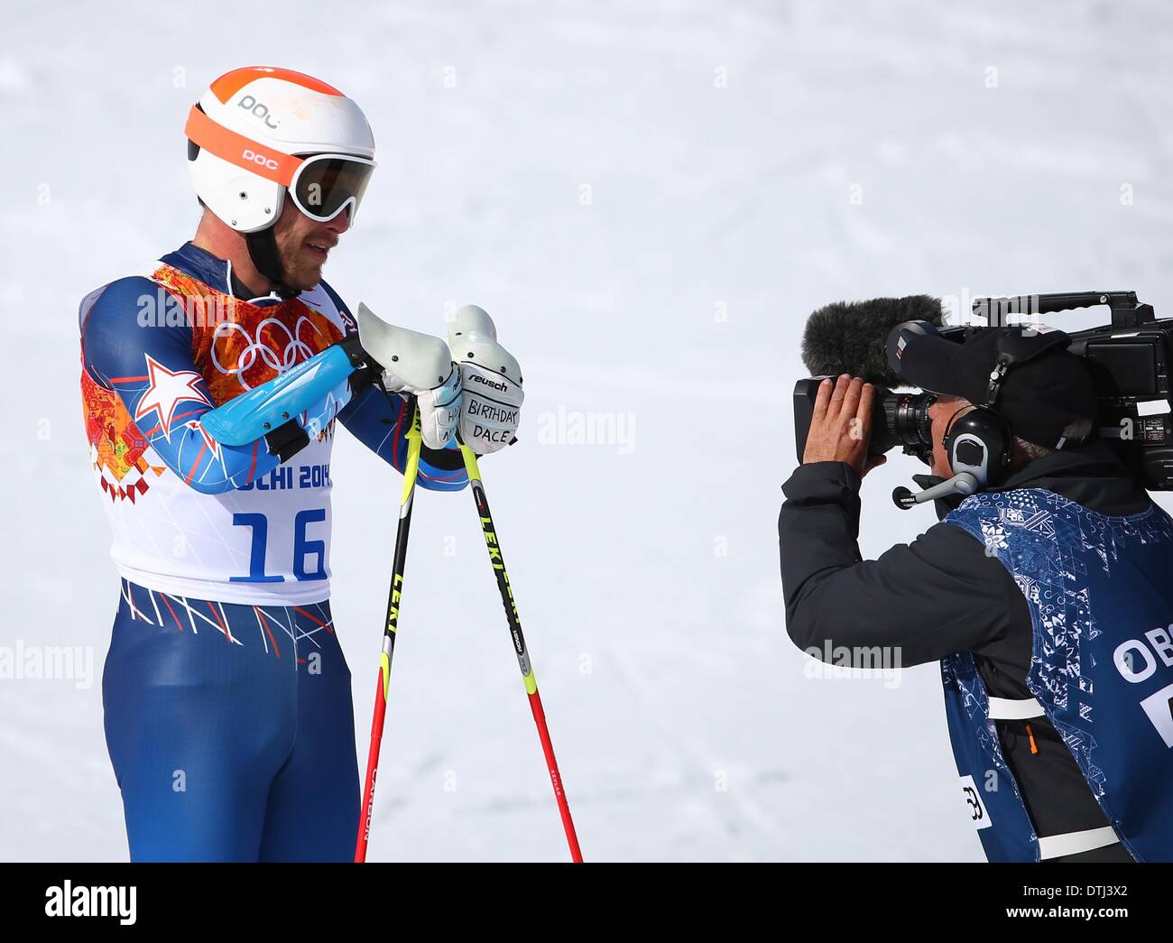 Krasnaya Polyana, Russia. 19 feb 2014. Bode Miller DI STATI UNITI D'AMERICA reagisce durante lo Slalom Gigante maschile Sci Alpino evento in Rosa Khutor Alpine Center a Sochi 2014 Giochi Olimpici, Krasnaya Polyana, Russia, 19 febbraio 2014 Credit: © dpa picture alliance/Alamy Live News Foto Stock