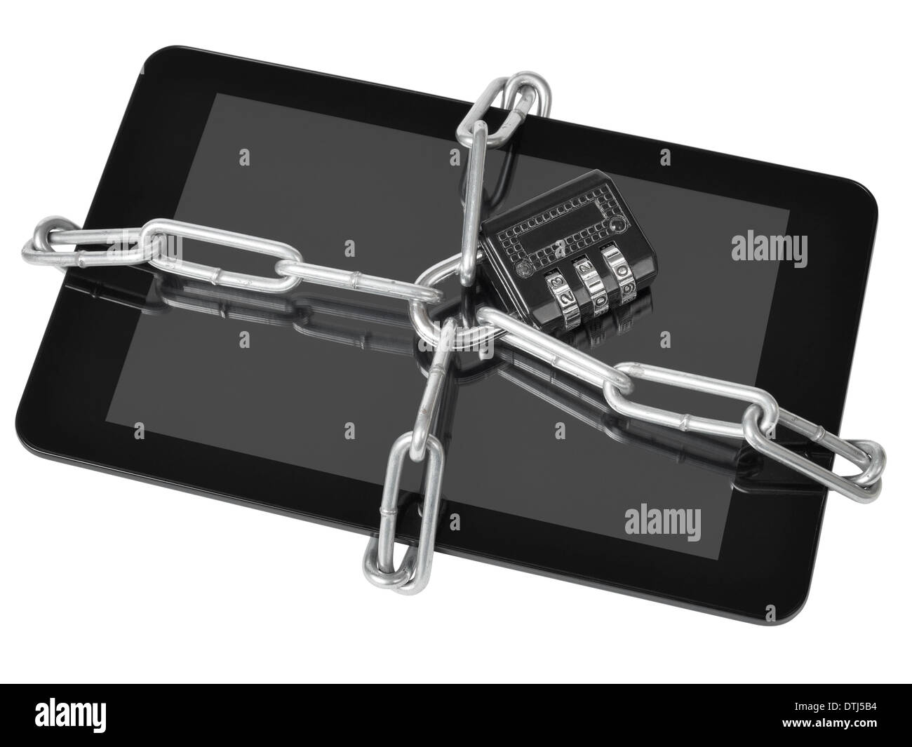 Tablet PC bloccato con cipher lucchetto e catena Foto Stock