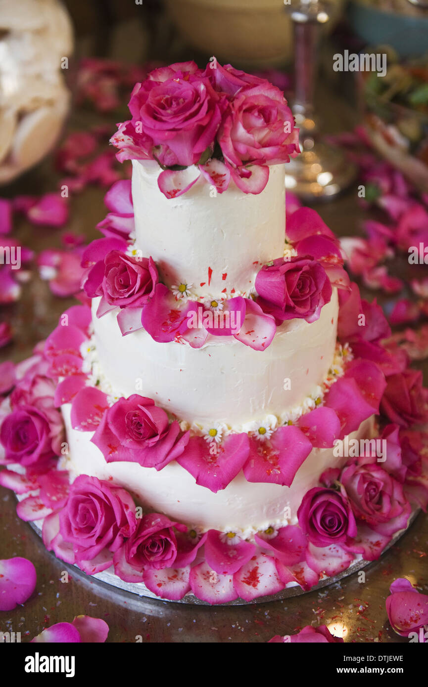 A tre livelli di torta di nozze ricoperto di glassa bianca e decorata con rosa petali di rosa Inghilterra Foto Stock