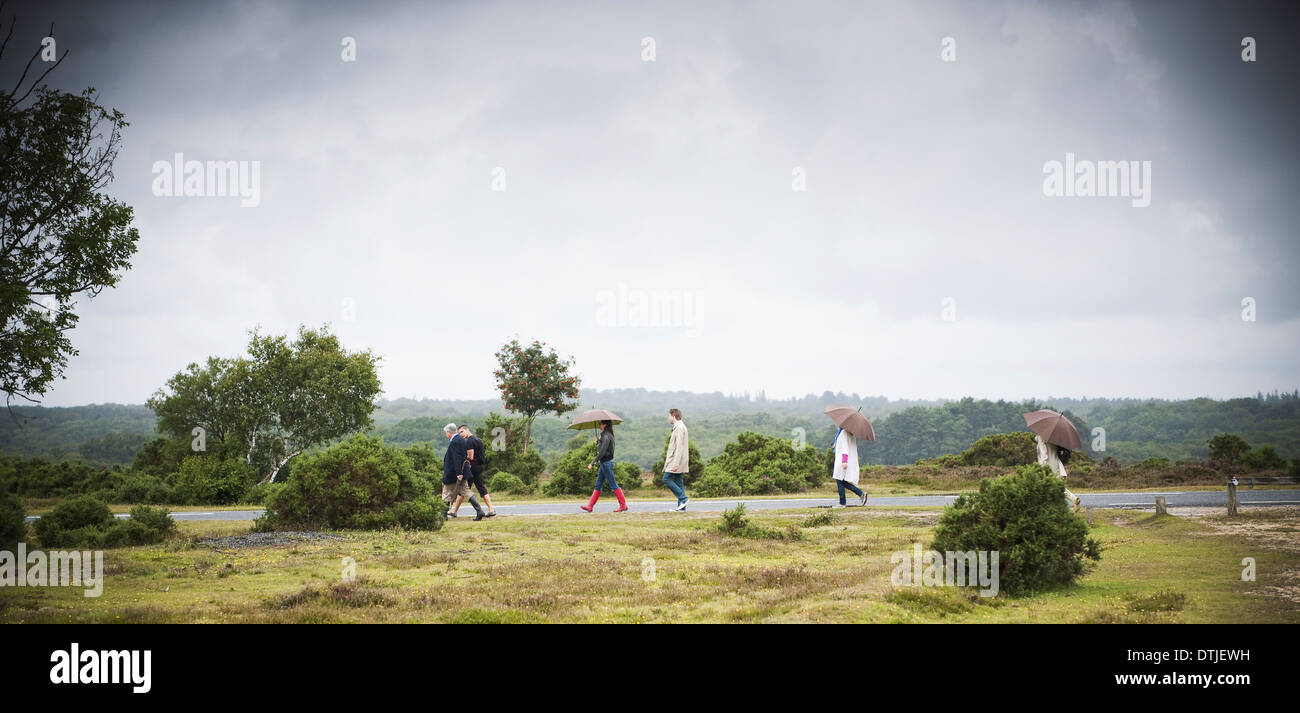 Una festa di famiglia in una passeggiata su una strada sotto la pioggia arbusti brughiera Foto Stock