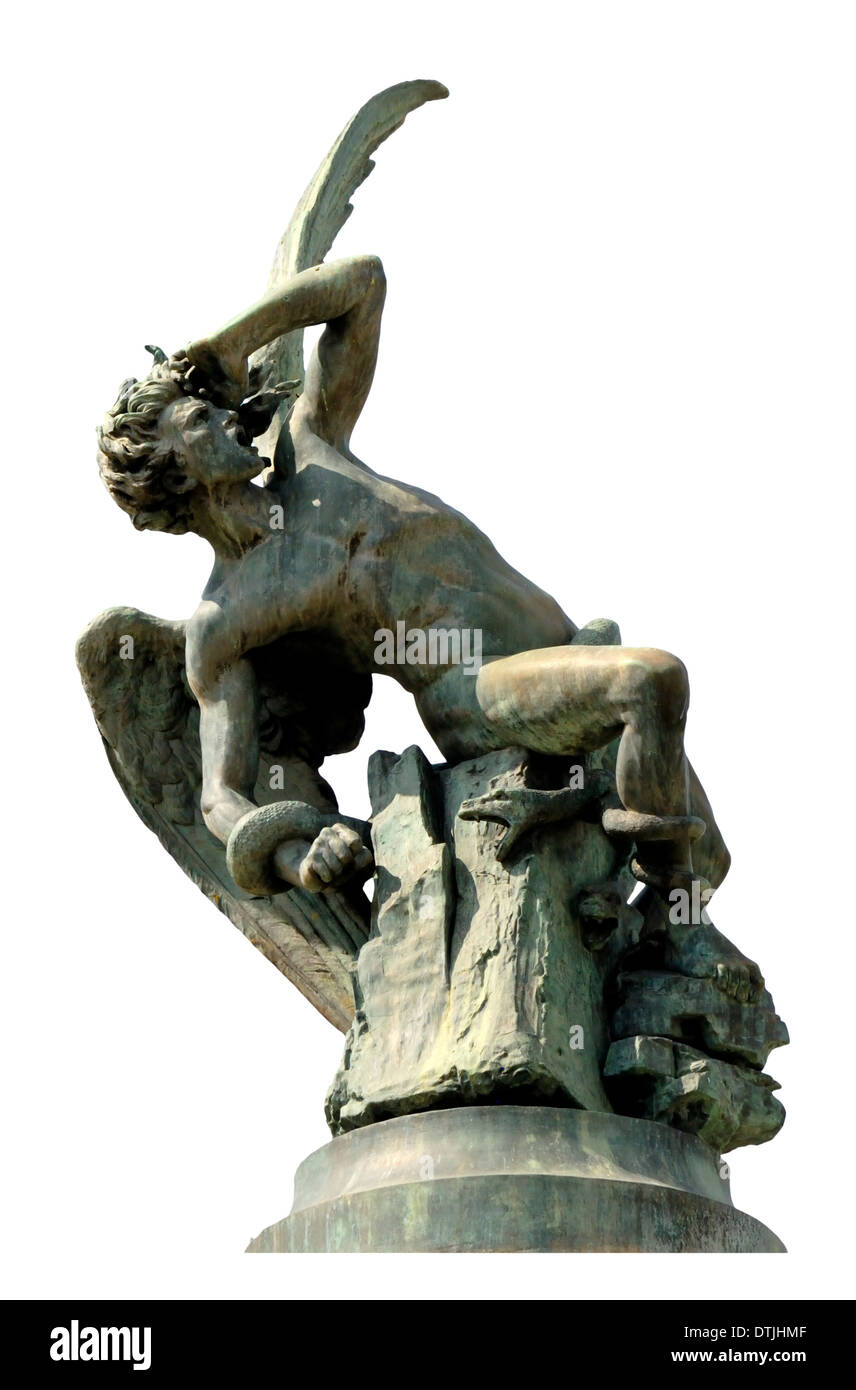 Madrid, Spagna. Parque del Retiro (parco). Statua: Monumento al Angel Caido / l'angelo caduto. (1878; Ricardo Bellver) intaglio Foto Stock