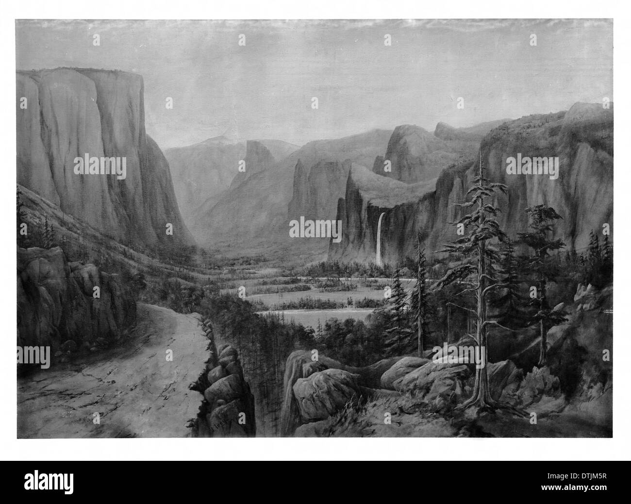 Un dipinto di una scena notturna a Yosemite, vista dalla Dutch Flat Road, con un fiume e un cielo pieno di nuvole, creato intorno al 1900, che mostra la bellezza naturale del paesaggio. Foto Stock