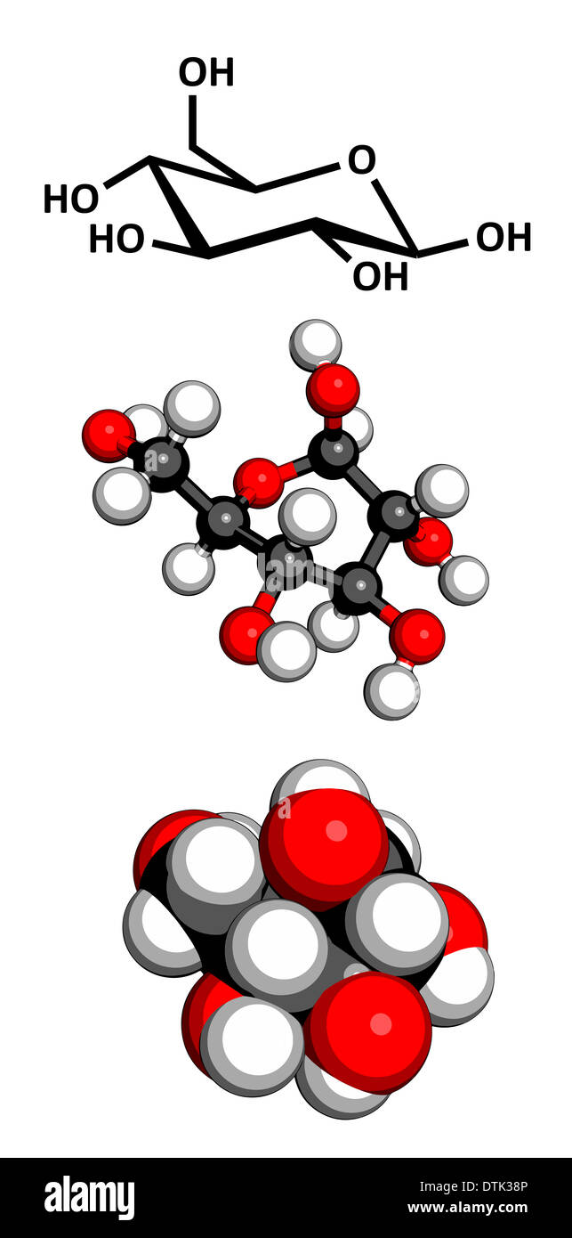 Glucosio (beta-D-glucosio, zucchero d'uva, destrosio) molecola. Foto Stock