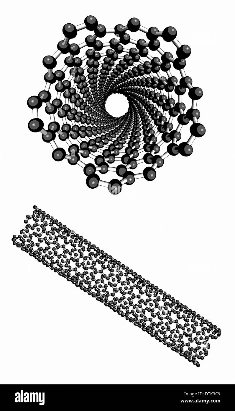 Nanotubo di carbonio (CNT), modello molecolare. Sfera-e-stick modelli. Visto lungo l'asse longitudinale e laterale. Foto Stock
