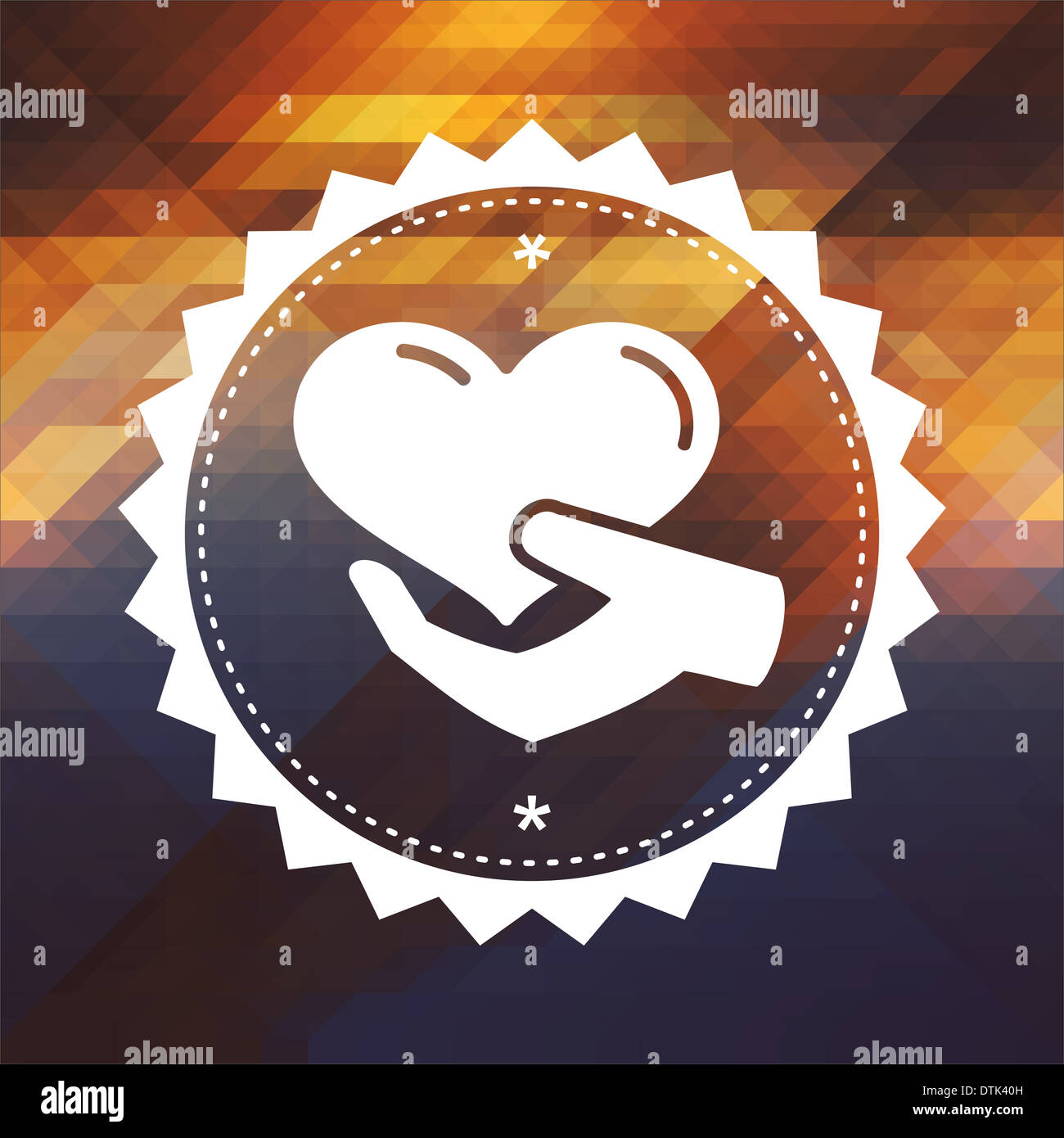 Concetto di carità - Icona del cuore in mano. Etichetta Retrò design. Hipster sfondo costituito di triangoli di colore per effetto del flusso. Foto Stock