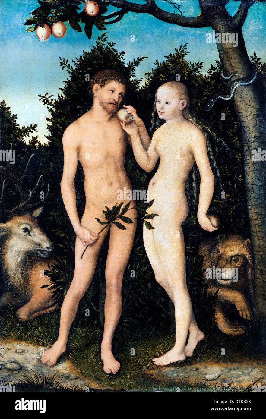 Lucas Cranach il Vecchio Adamo ed Eva nel Paradiso (caduta) 1533 olio su pannello. Gemaldegalerie di Berlino, Germania. Foto Stock