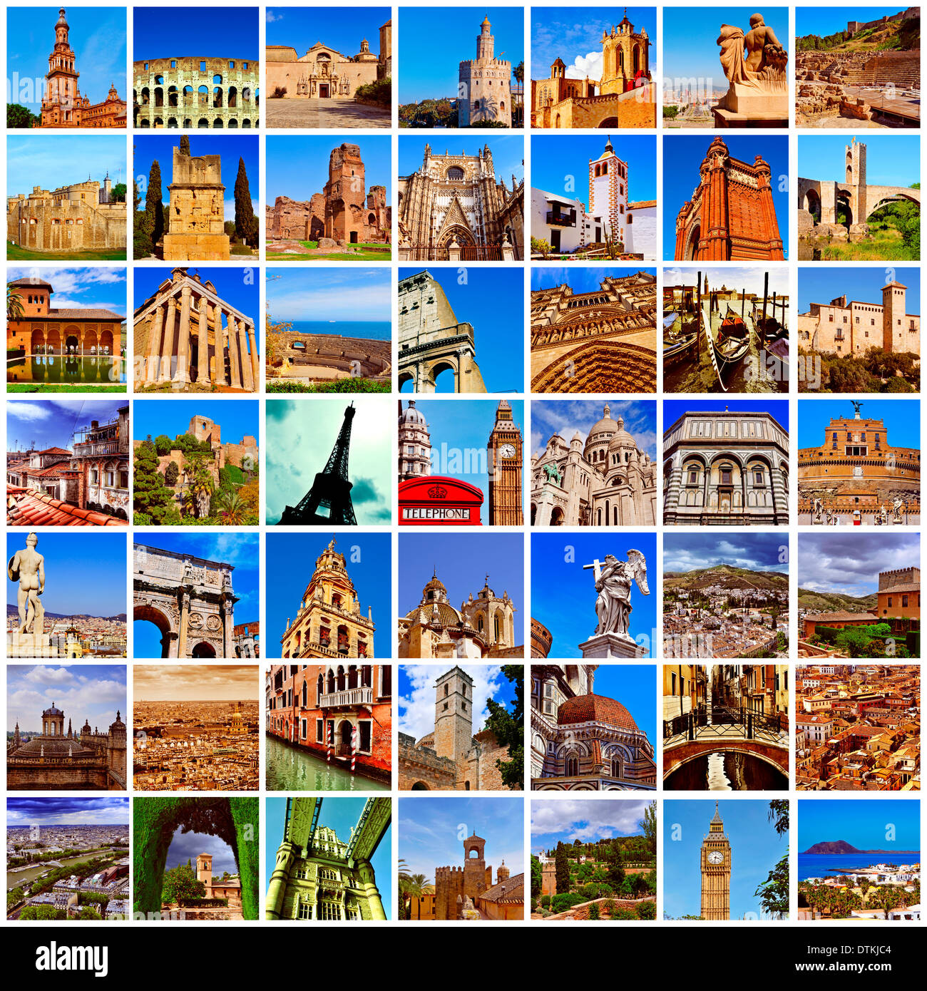 Un collage di molte immagini di diversi punti di riferimento europeo, come la Torre Eiffel a Parigi, il Colosseo a Roma o la grande Foto Stock
