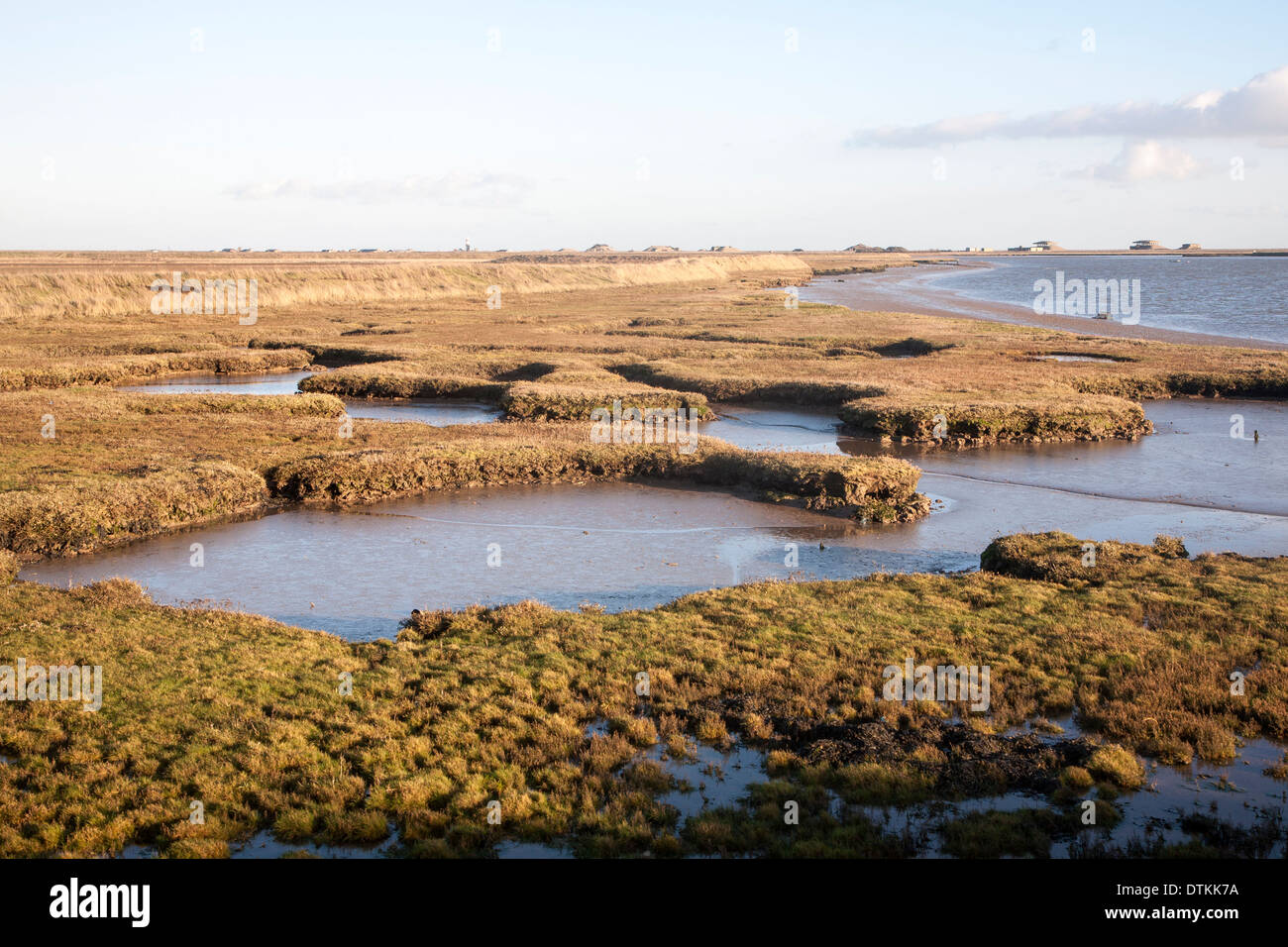 Saltmarsh nelle insenature di marea del fiume ore guardando verso le strutture militari su Orford Ness, Suffolk, Inghilterra Foto Stock