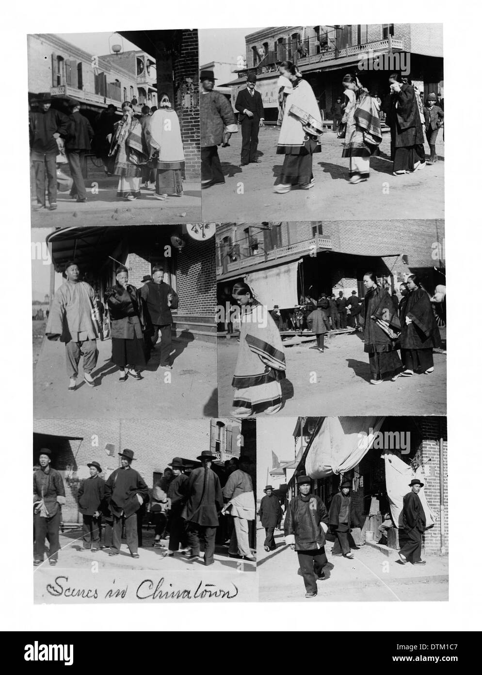 Una collezione di sei scene di strada raffiguranti la prima Chinatown intorno al 1900, che mostrano la vita nel quartiere. Foto Stock