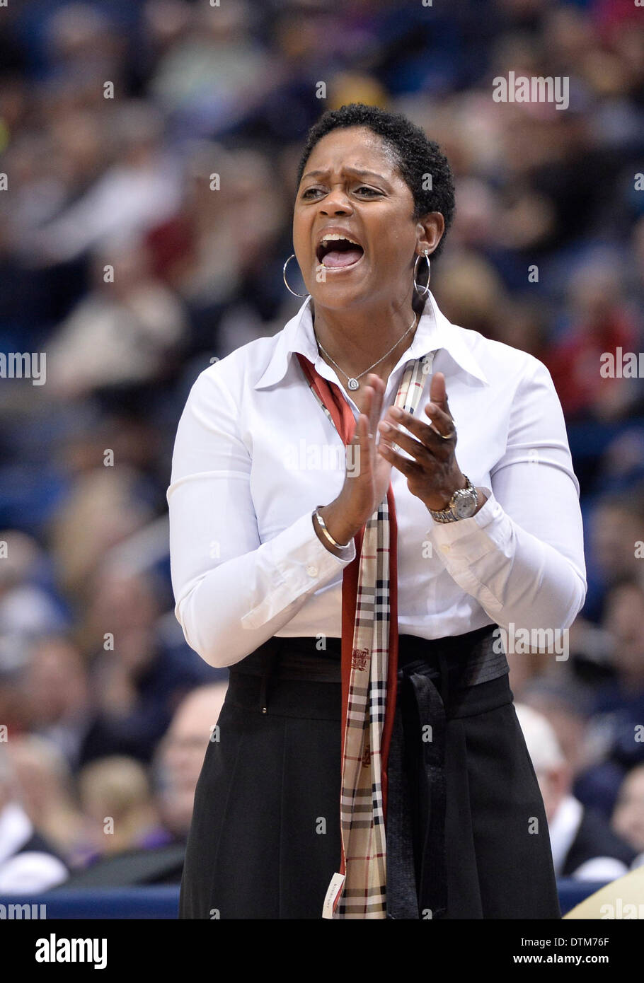 Hartford, CT, Stati Uniti d'America. 19 feb 2014. Mercoledì 19 Febbraio 2014: Central Florida Cavalieri head coach Joi Williams grida le istruzioni al suo teamduring 1a metà del NCAA womens gioco di basket tra Central Florida e nel Connecticut a XL centro di Hartford, CT. Bill Shettle / Cal Sport Media. © csm/Alamy Live News Foto Stock
