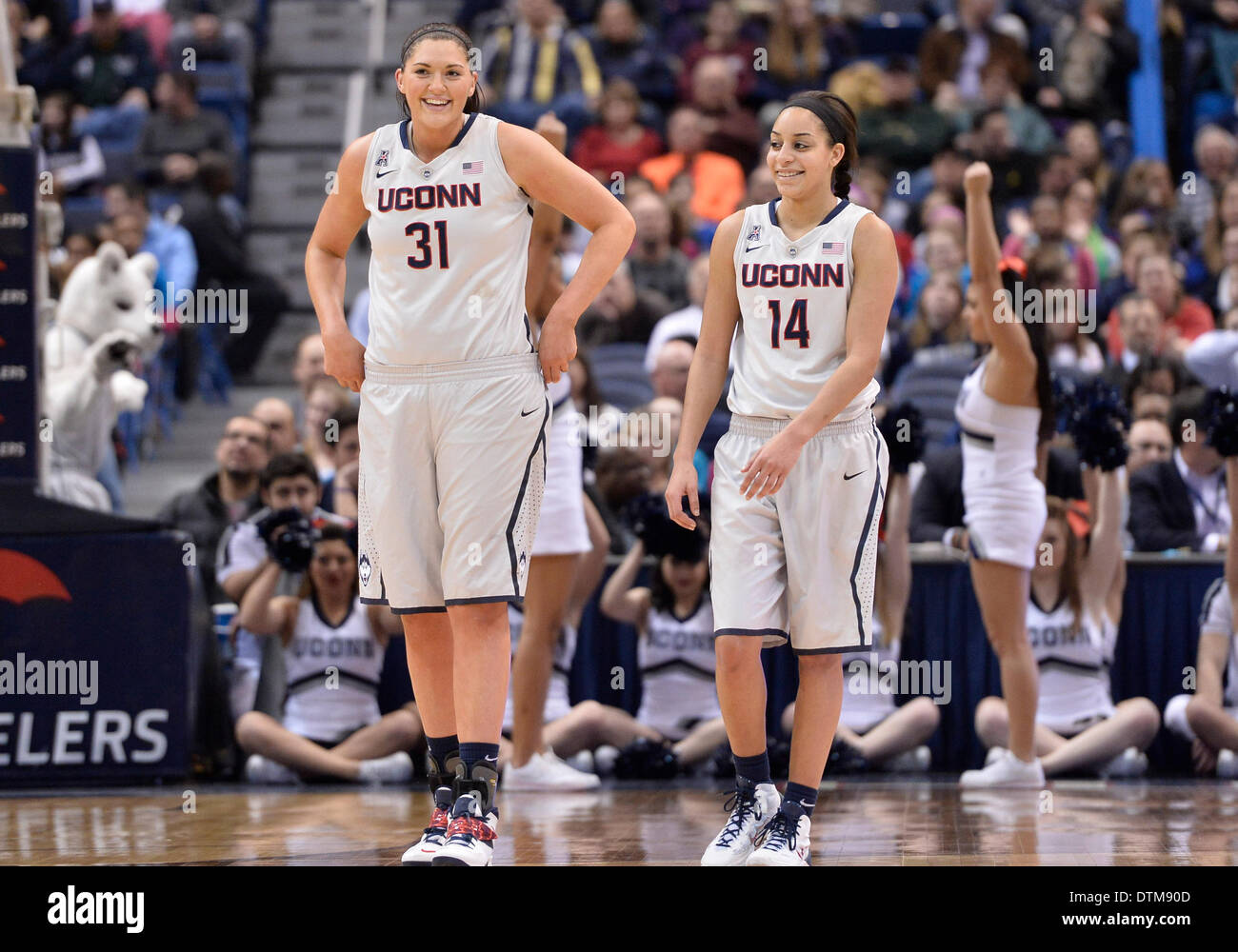 Hartford, CT, Stati Uniti d'America. 19 feb 2014. Mercoledì 19 Febbraio 2014: UConn huskies center Stefanie Dolson (31) e di UConn huskies guard Bria Hartley (14) di condividere un momento divertente durante la prima metà del NCAA womens gioco di basket tra Central Florida e nel Connecticut a XL centro di Hartford, CT. UConn ha vinto molto facilmente su UCF 83-35. Bill Shettle / Cal Sport Media. © csm/Alamy Live News Foto Stock