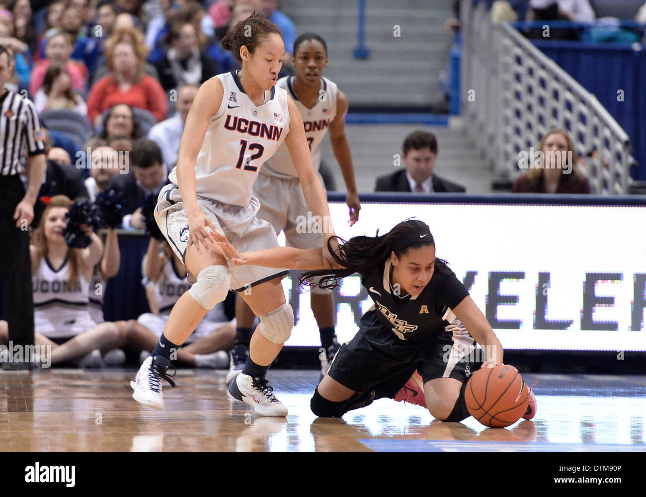Hartford, CT, Stati Uniti d'America. 19 feb 2014. Mercoledì 19 Febbraio 2014: Central Florida Cavalieri guard Jordan Jackson (4) cerca di controllare una sfera allentata nella parte anteriore di UConn huskies guard Saniya Chong (12) durante la prima metà del NCAA womens gioco di basket tra Central Florida e nel Connecticut a XL centro di Hartford, CT. UConn ha vinto molto facilmente su UCF 83-35. Bill Shettle / Cal Sport Media. © csm/Alamy Live News Foto Stock