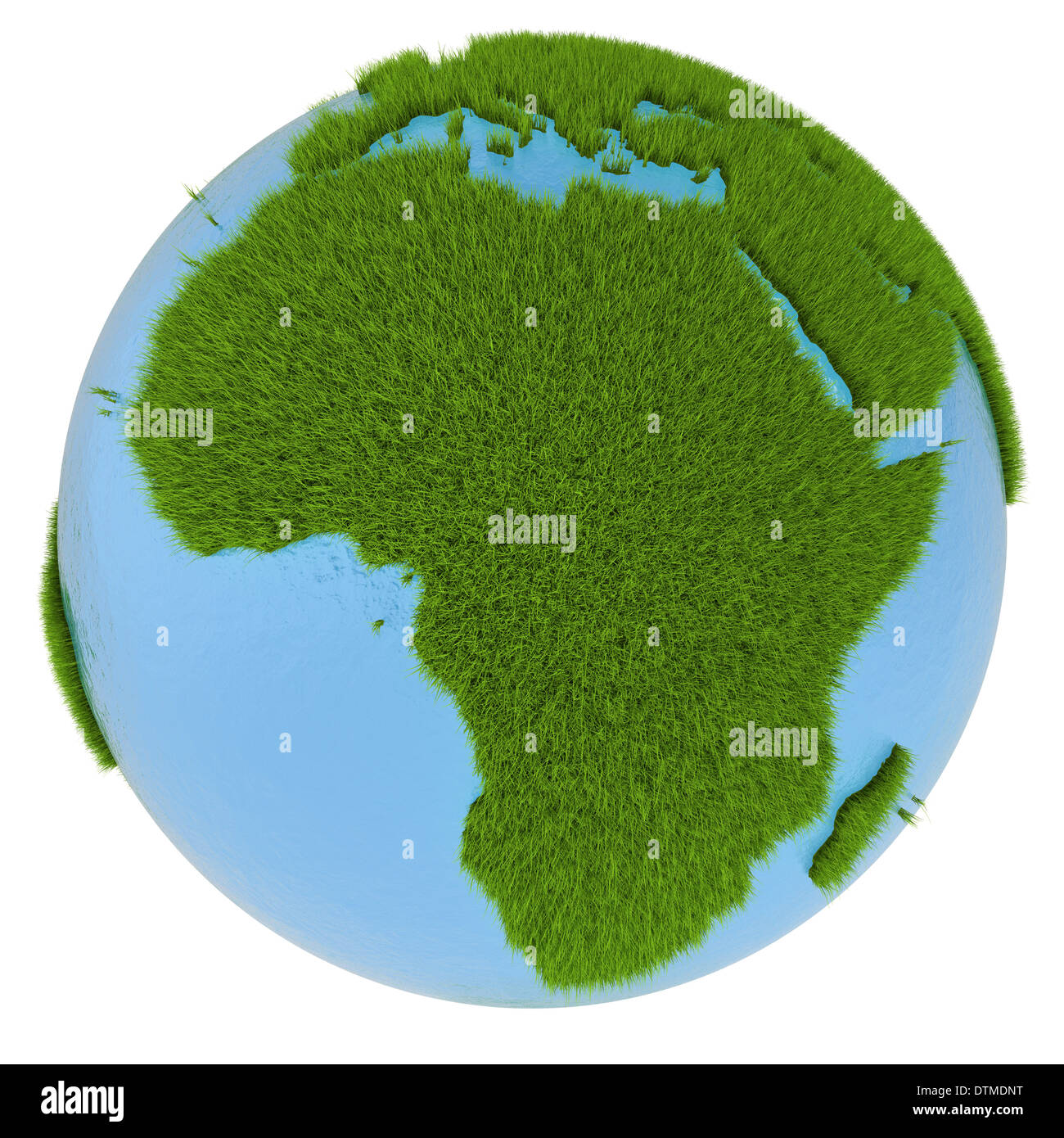Il continente africano sul pianeta verde ricoperto di erba isolati su sfondo bianco. Concetto di ecologia e ambiente pulito Foto Stock