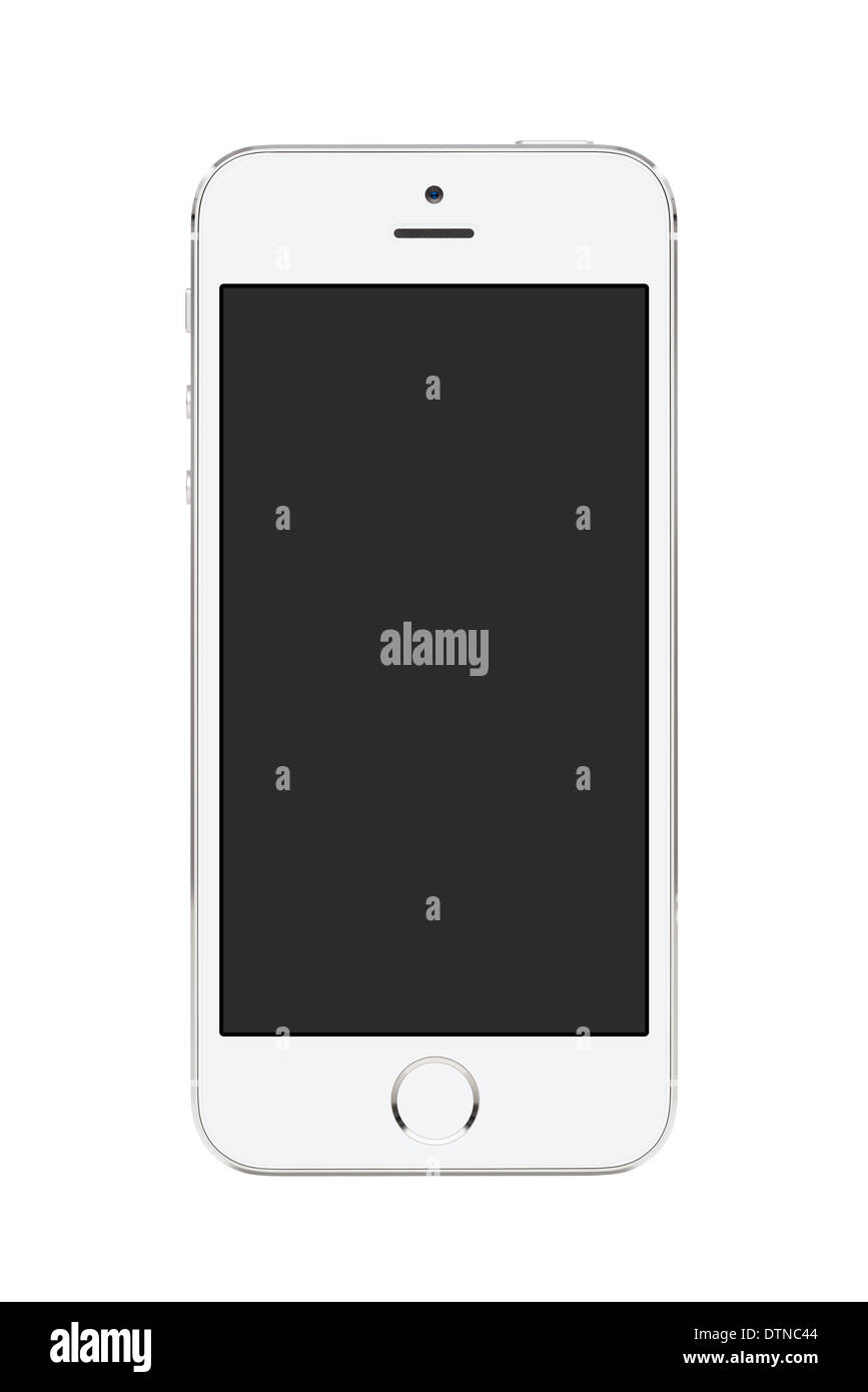Direttamente vista frontale di un moderno e bianco mobile smart phone con schermo vuoto isolato su sfondo bianco. Qualità alta. Foto Stock Direttamente vista frontale di un moderno e bianco mobile smart phone con schermo vuoto isolato su sfondo bianco. Qualità alta. Foto Stock