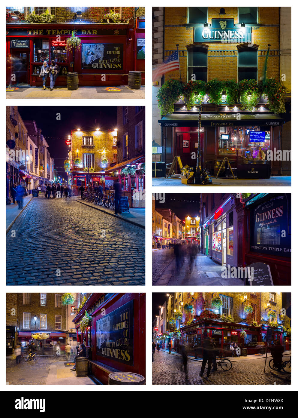 Dublino, Irlanda - 15 Ottobre 2013: collage di immagini che mostrano la vita notturna sulla strada più famosa di Dublino Temple Bar. Foto Stock