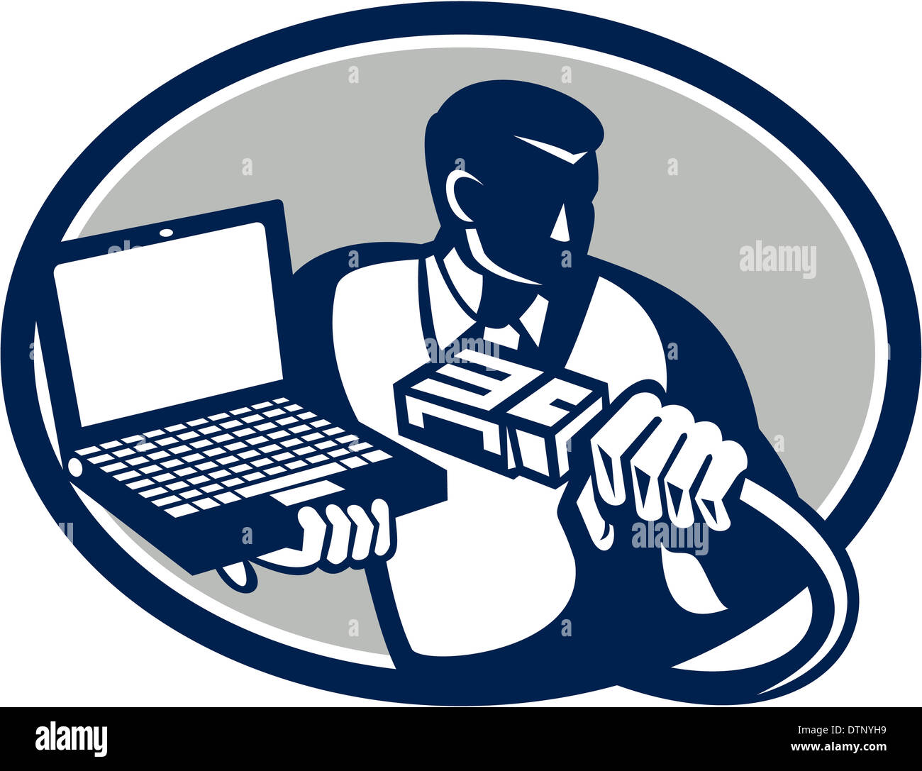 Illustrazione del tecnico del computer repairman geek tenendo il cavo di rete e laptop notebook computer fatto in stile retrò. Foto Stock