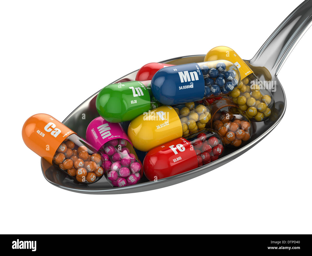 Integratori alimentari. Varietà pillole. Vitamina capsule sul cucchiaio. 3d Foto Stock