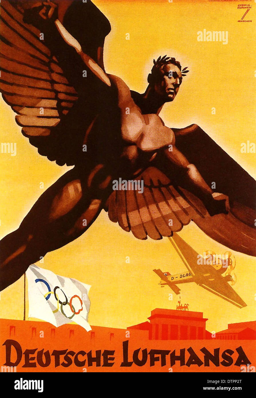 La propaganda tedesca poster di promozione delle compagnie aeree Lufthansa durante i Giochi Olimpici di Berlino 1936 Germania Foto Stock