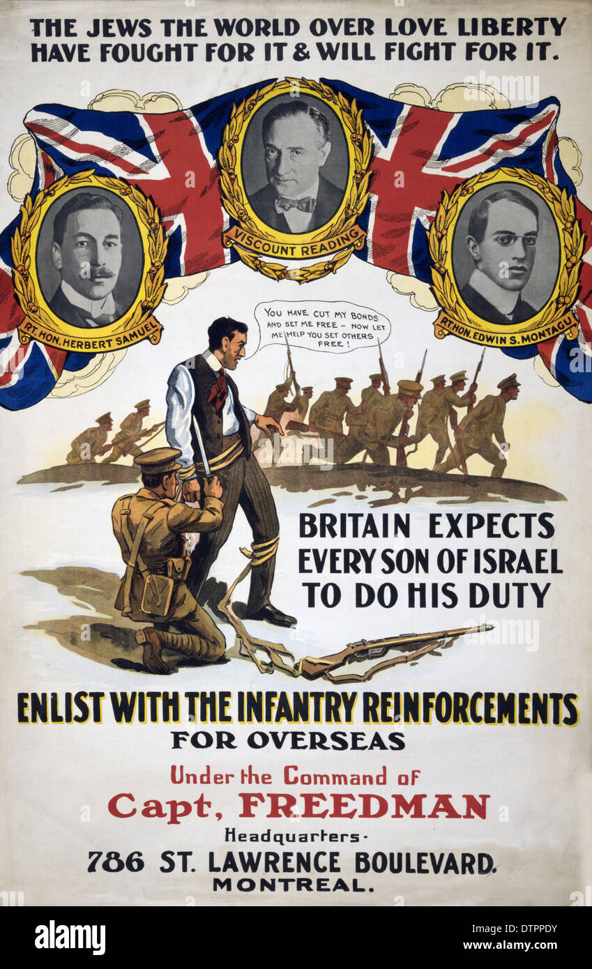 Un Canadese WW1 Propaganda poster incoraggiando gli ebrei per entrare a far parte di truppe militari all'estero Foto Stock
