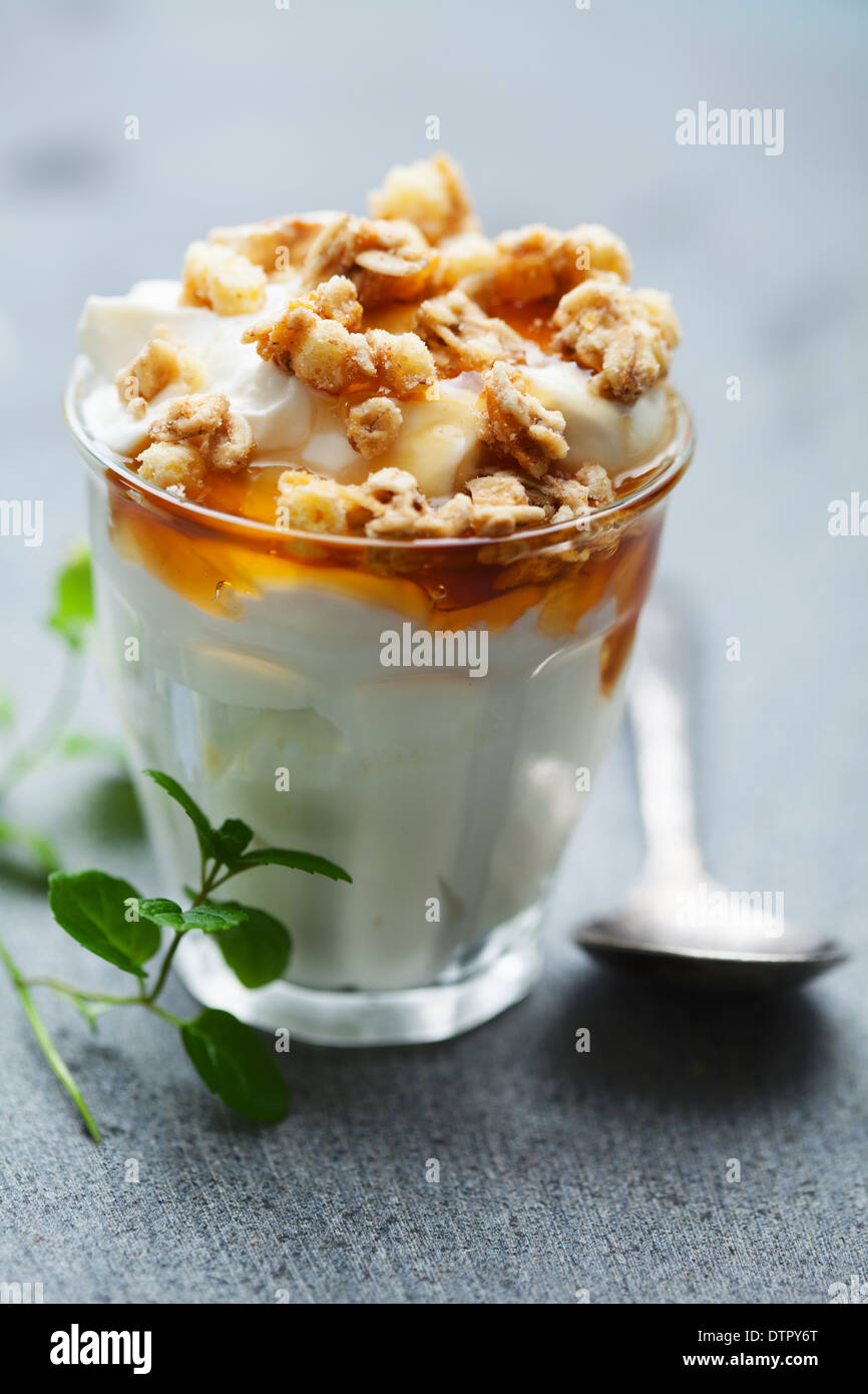 Lo yogurt greco con miele e granola Foto Stock