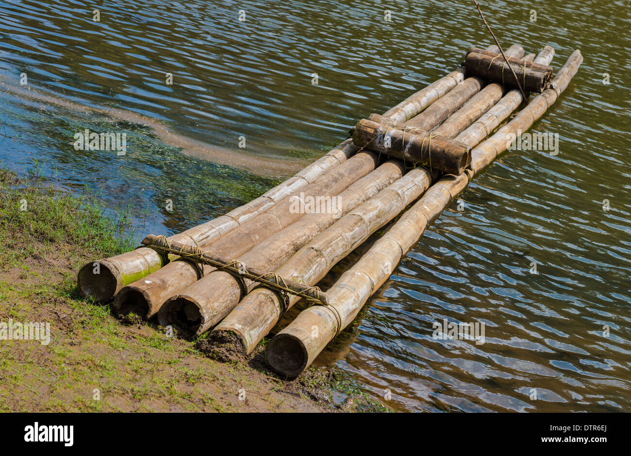 Di una zattera di bamboo che è ormeggiata sulla costa, il Parco Nazionale del Periyar, India Foto Stock